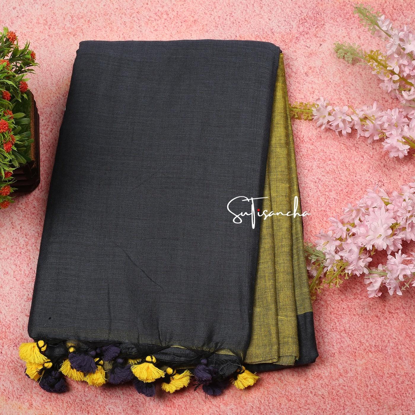 Sutisancha Hand Woven Pure Khadi Dual Colour PomPom Saree - Suti Sancha