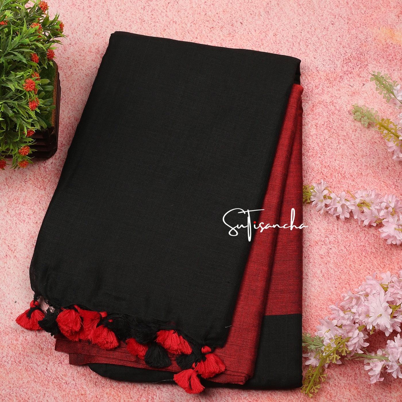 Sutisancha Black Hand Woven Pure Khadi Dual Colour PomPom Saree - Suti Sancha