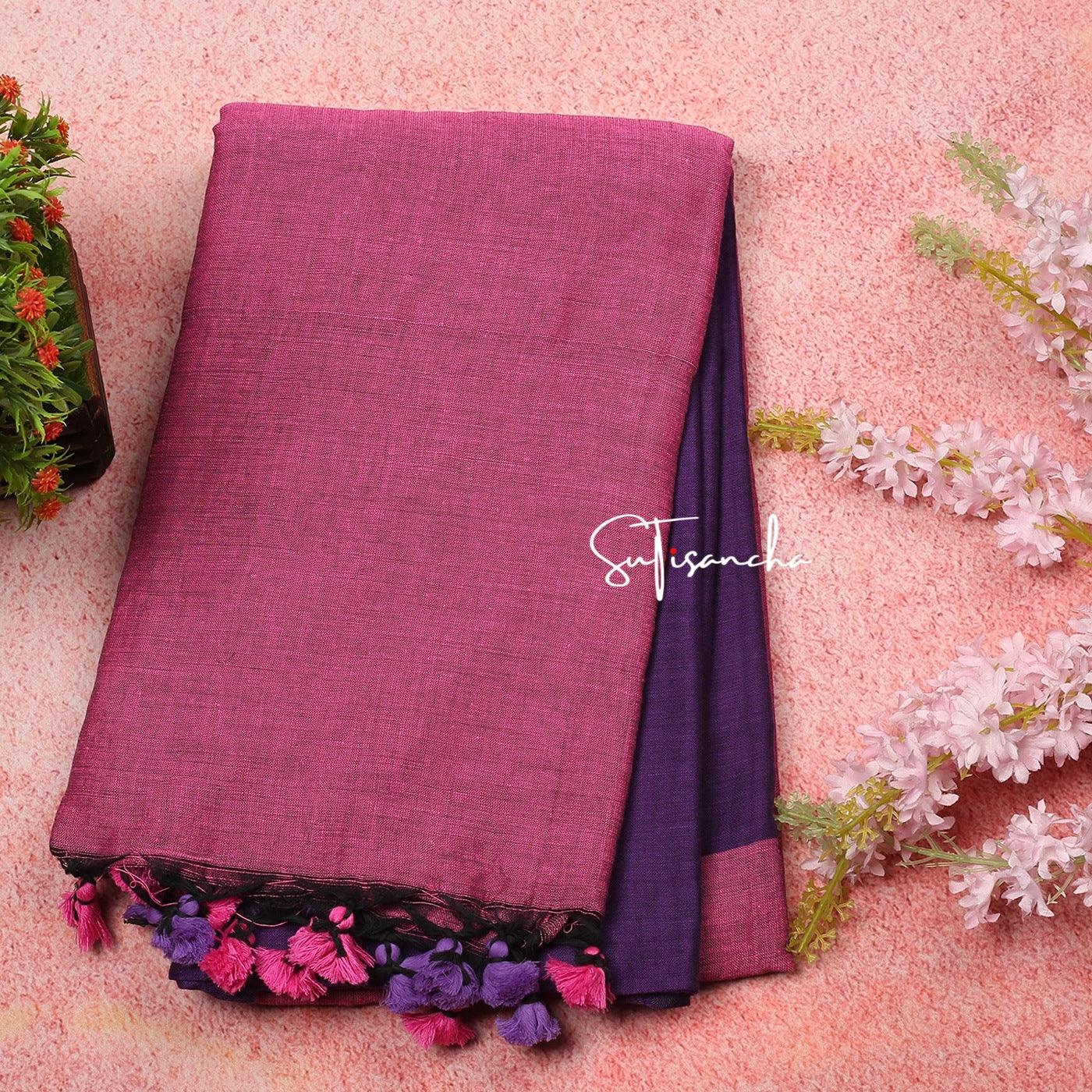 Lilac Cotton Saree With Pink outlet Border & Pom Pom