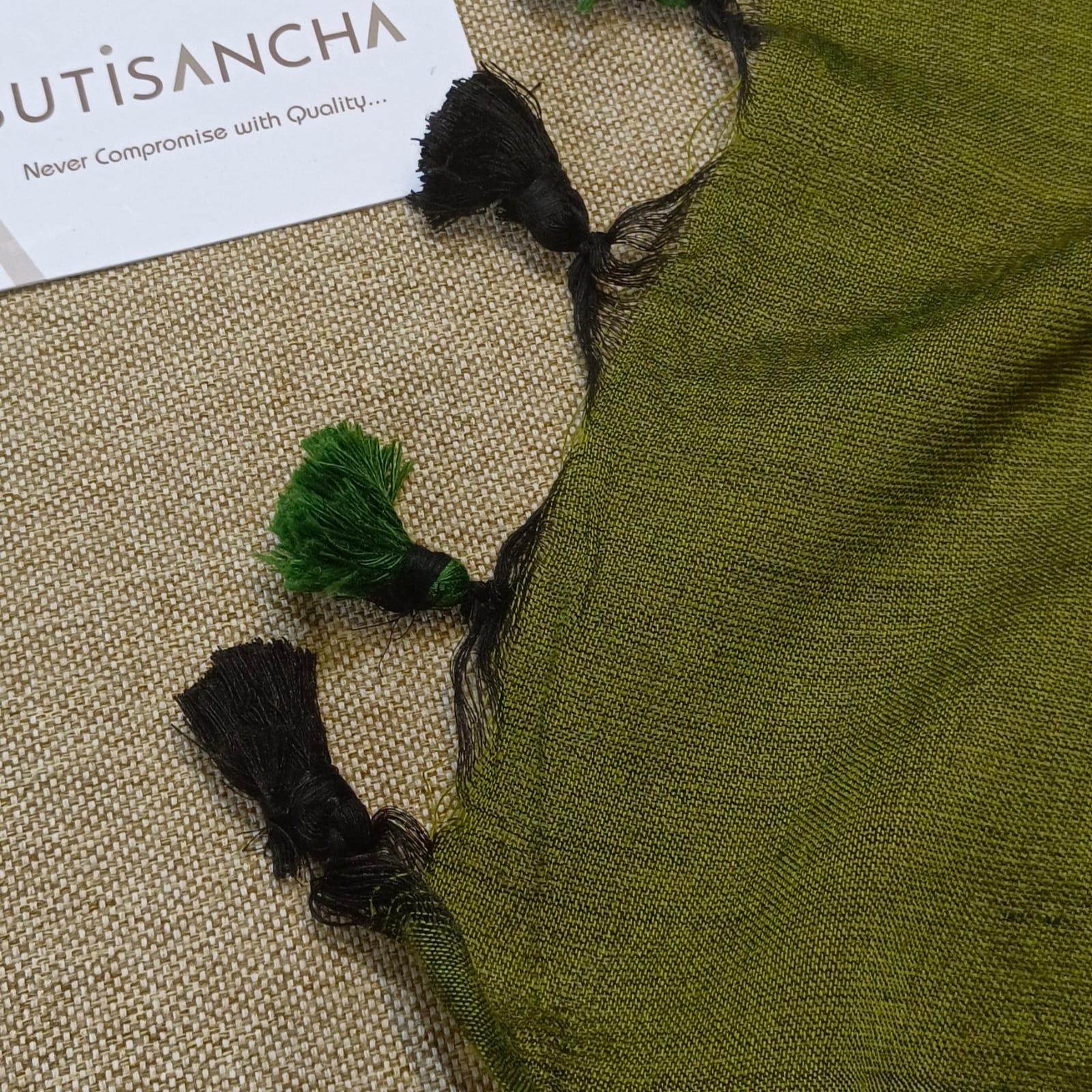 Sutisancha Mahendi Hand Woven Pure Khadi Dual Colour PomPom Saree - Suti Sancha