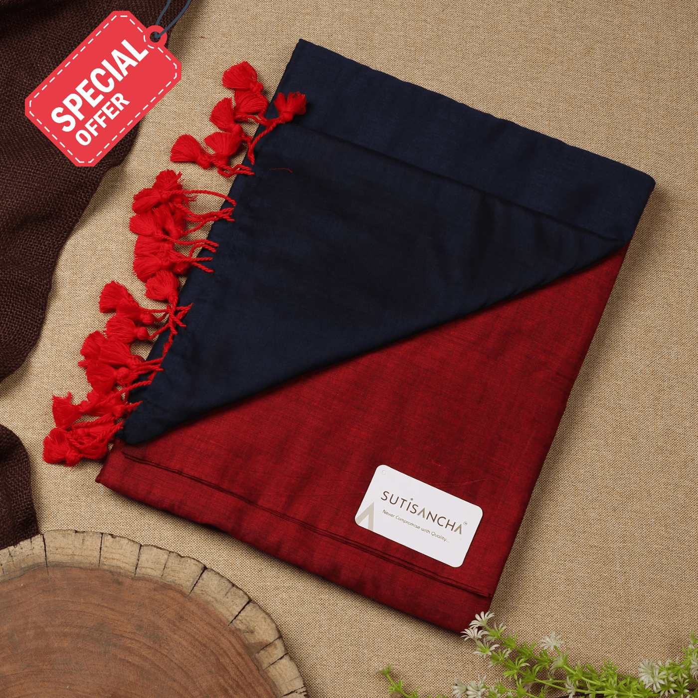 Sutisancha Navya Blue & Maroon Handwoven Khadi Saree - Suti Sancha