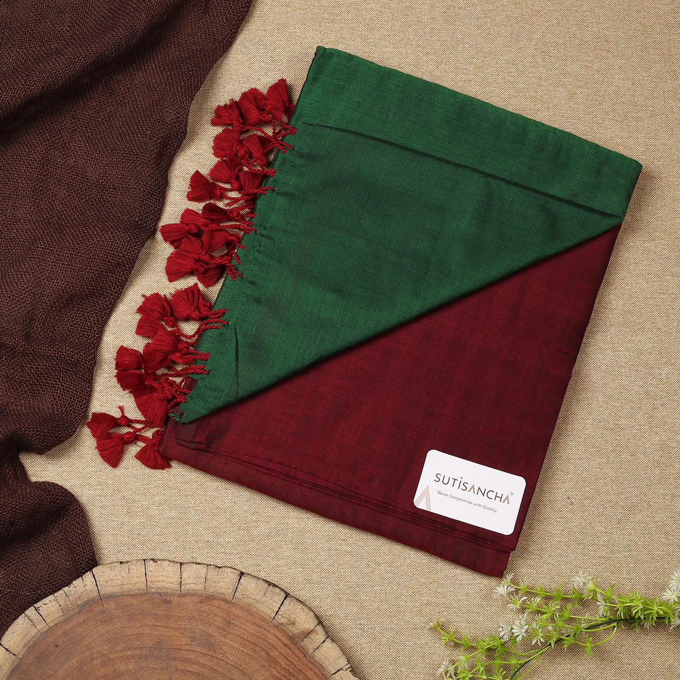 Sutisancha Green & Maroon Handwoven Khadi Saree - Suti Sancha