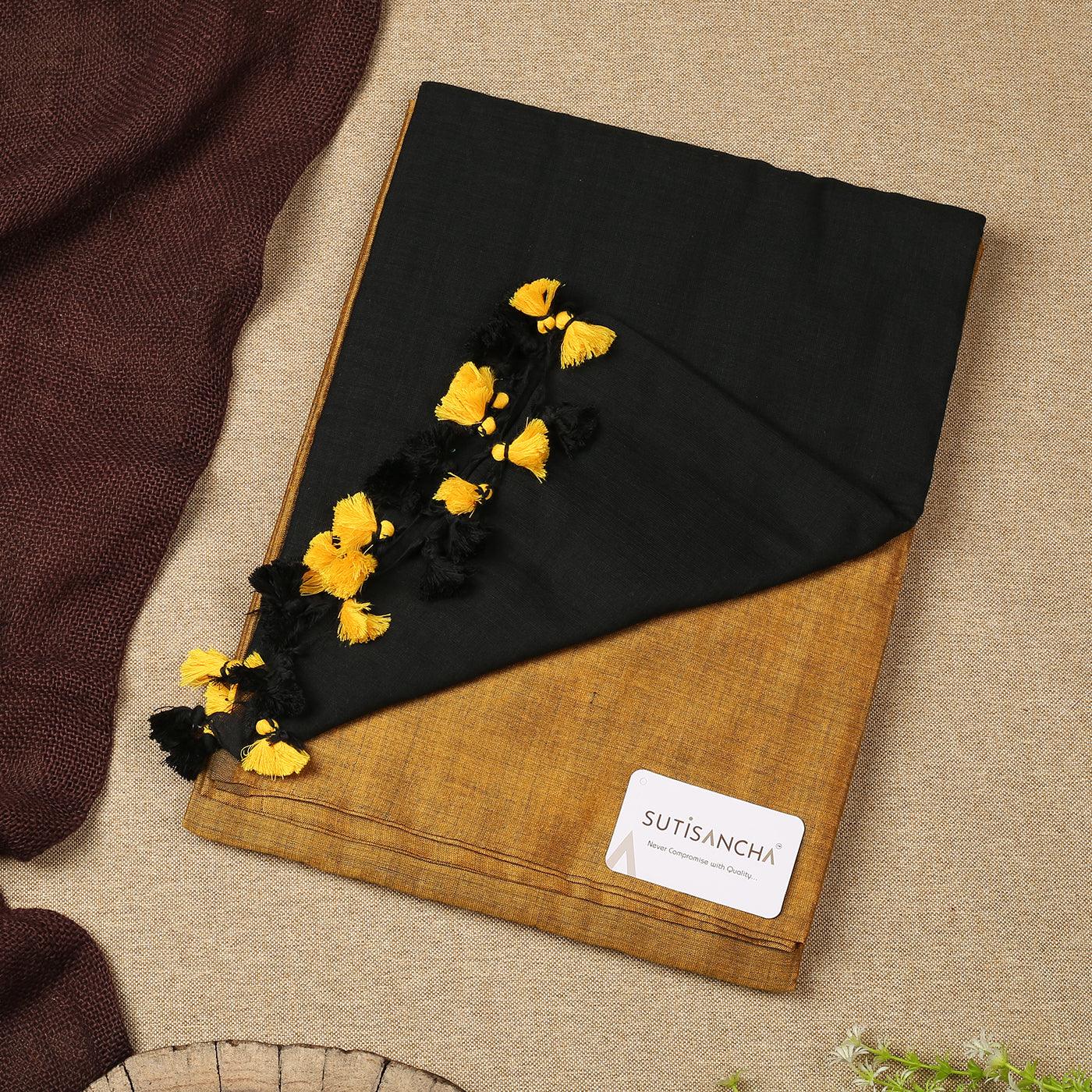 Sutisancha Black & Musterd Handwoven Khadi Saree - Suti Sancha