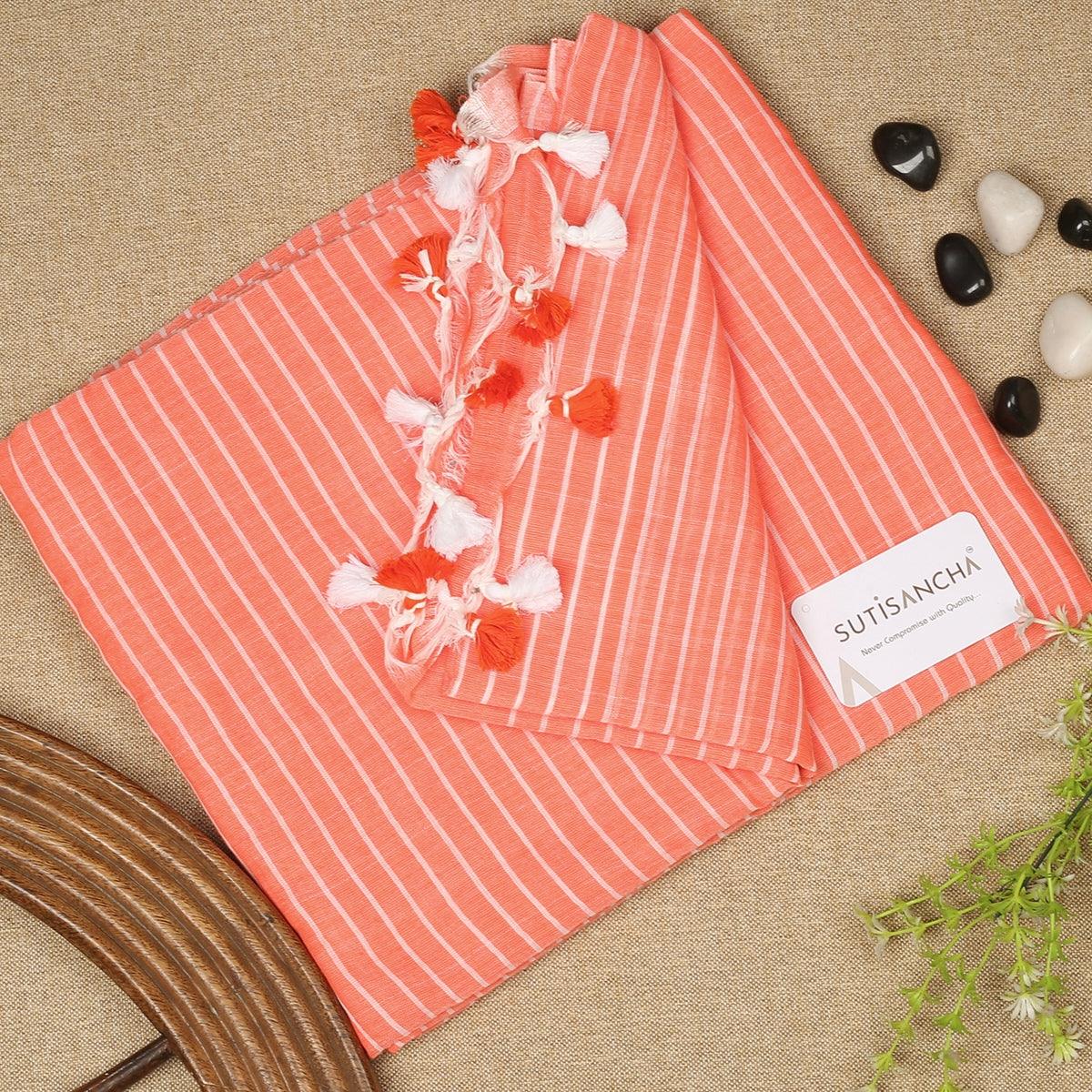 Sutisancha Pantone Peach Stripe with PomPom Khadi Saree - Suti Sancha