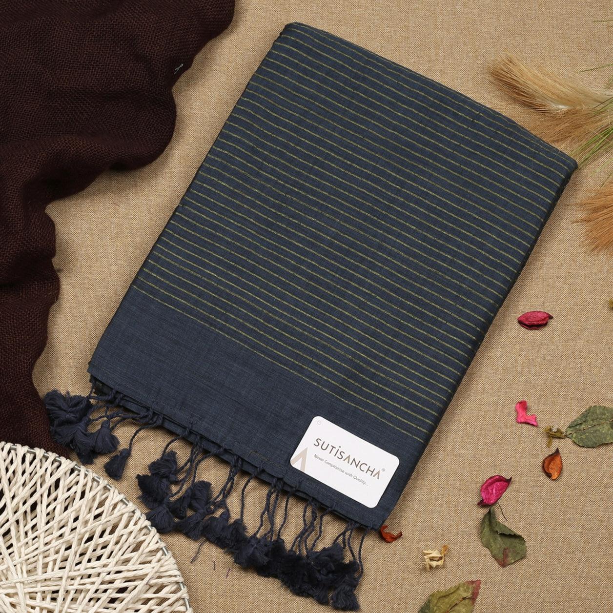 Sutisancha Dark Grey Zari Stripe Saree - Suti Sancha