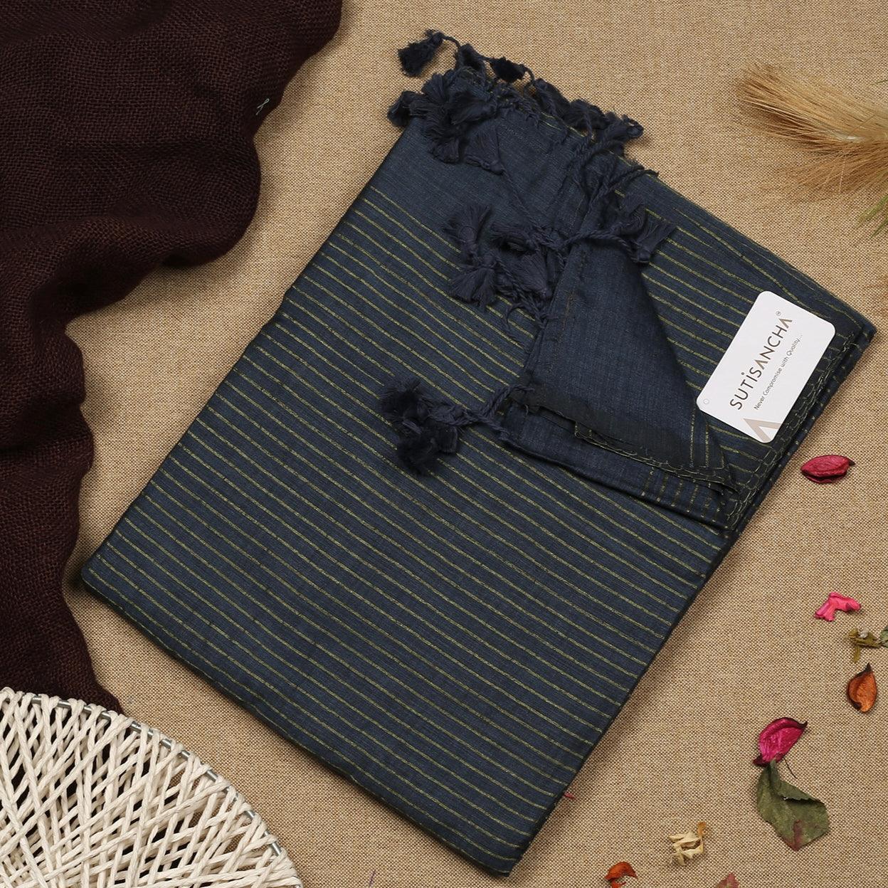 Sutisancha Dark Grey Zari Stripe Saree - Suti Sancha