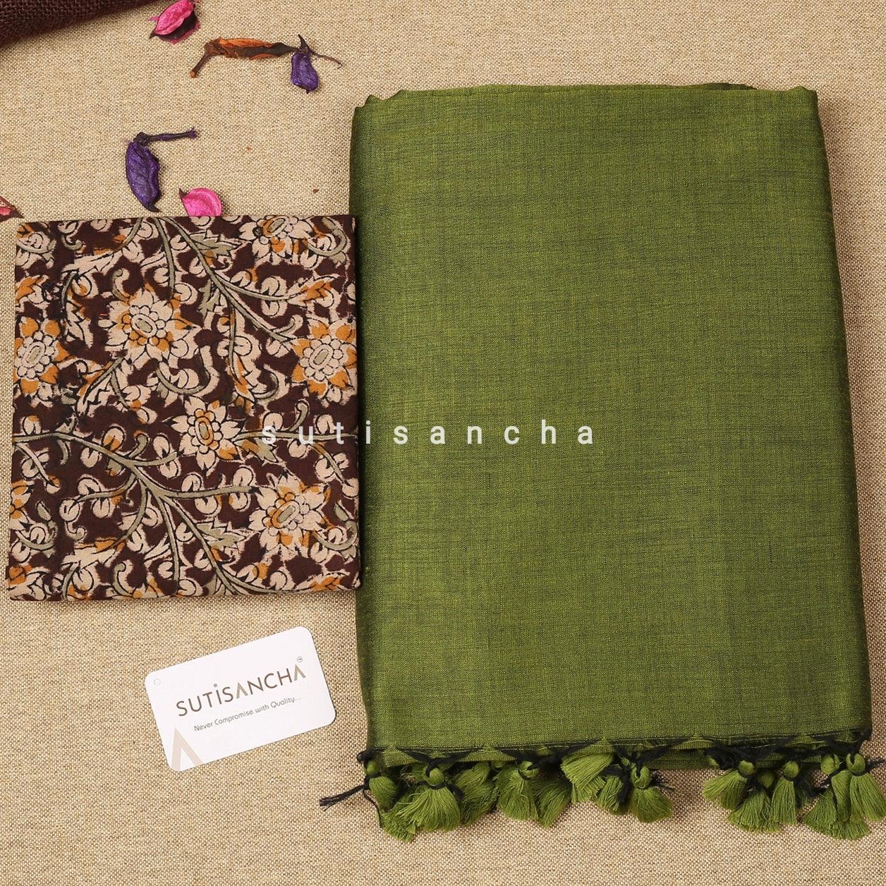 Sutisancha Mahendi Saree with Brown Cotton Blouse - Suti Sancha