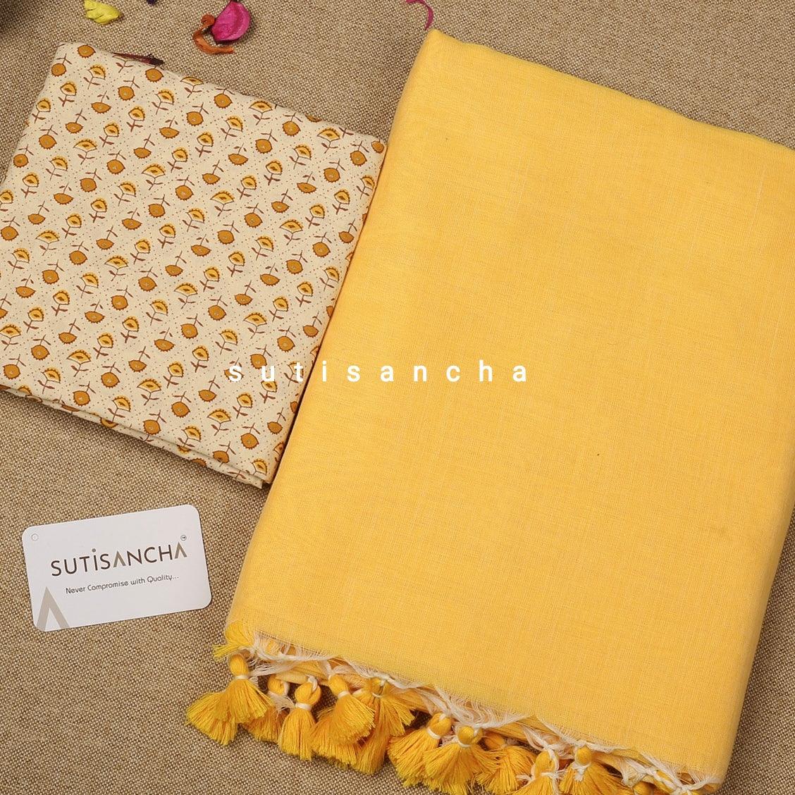 Sutisancha Lemon Yellow Plain Saree With Cotton Blouse - Suti Sancha