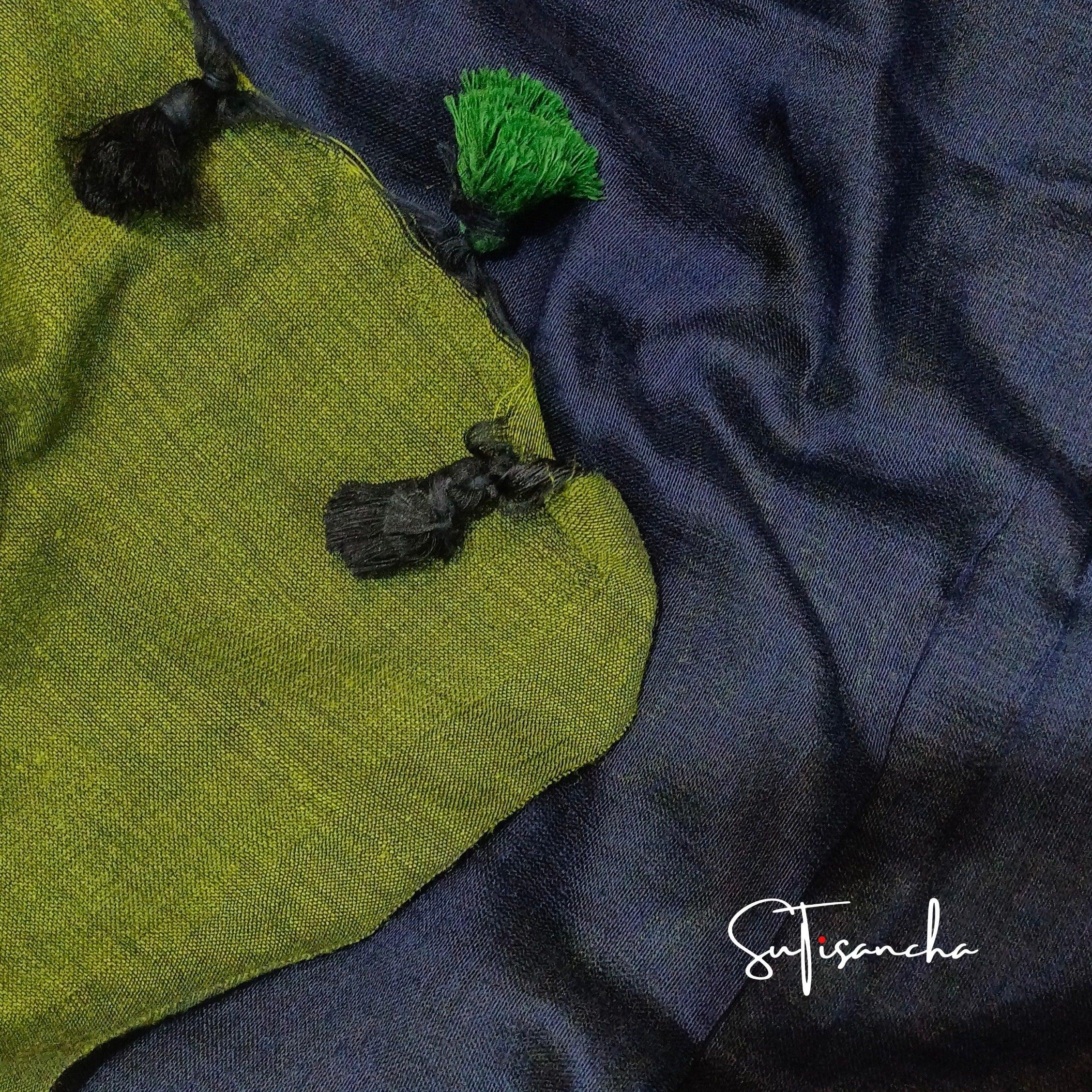 Sutisancha Mahendi Hand Woven Pure Khadi Dual Colour PomPom Saree - Suti Sancha