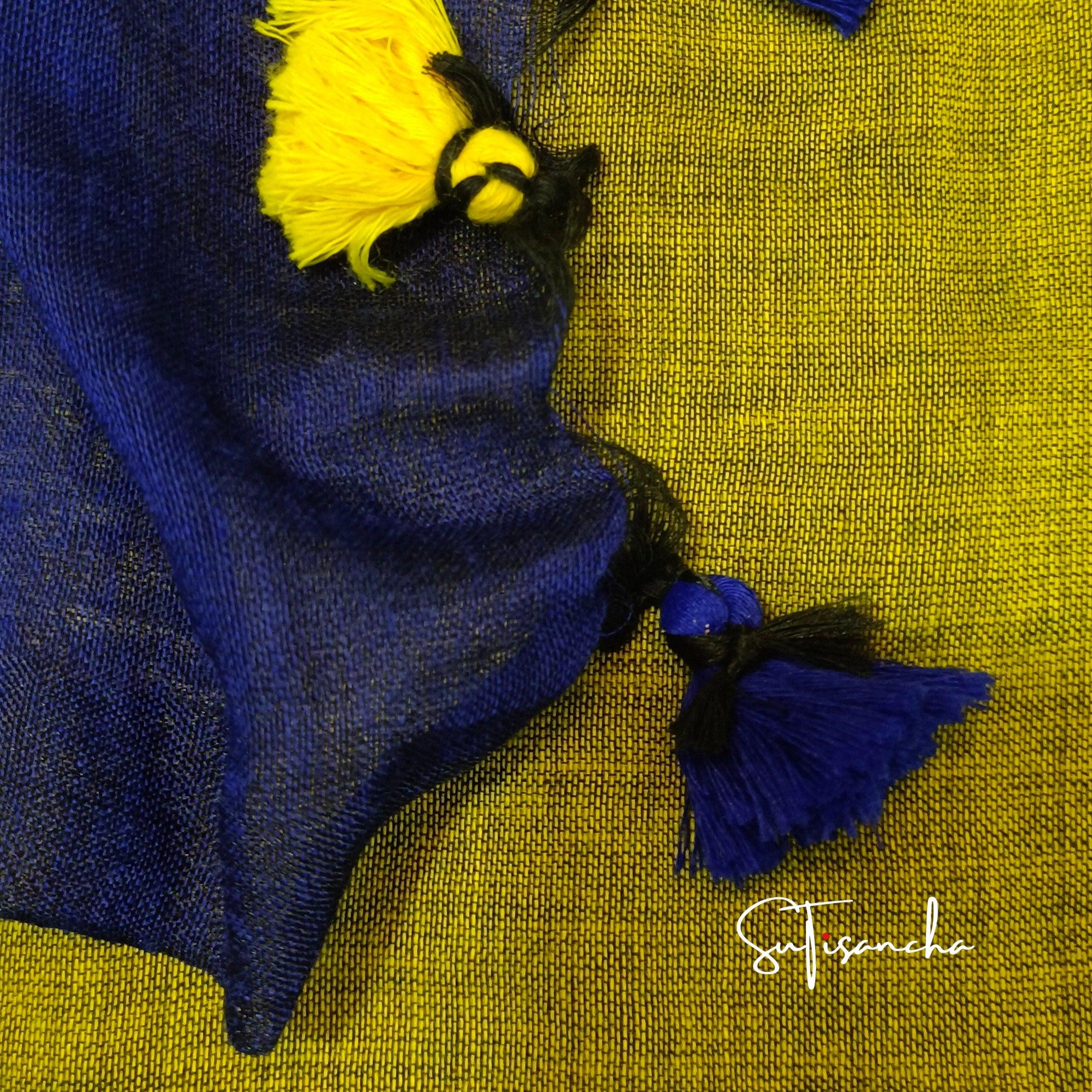 Sutisancha Blue Pallu Hand Woven Pure Khadi PomPom Saree - Suti Sancha