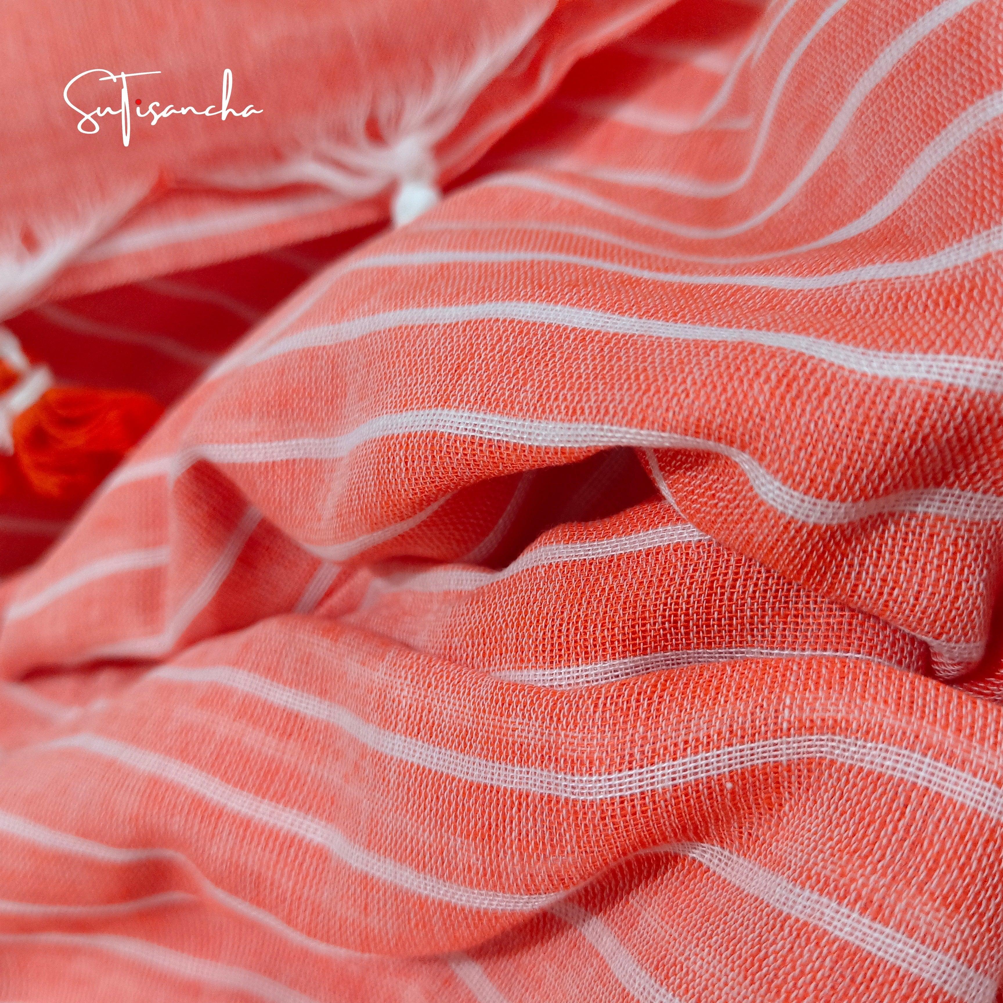 Sutisancha Pantone Peach Stripe with PomPom Khadi Saree - Suti Sancha