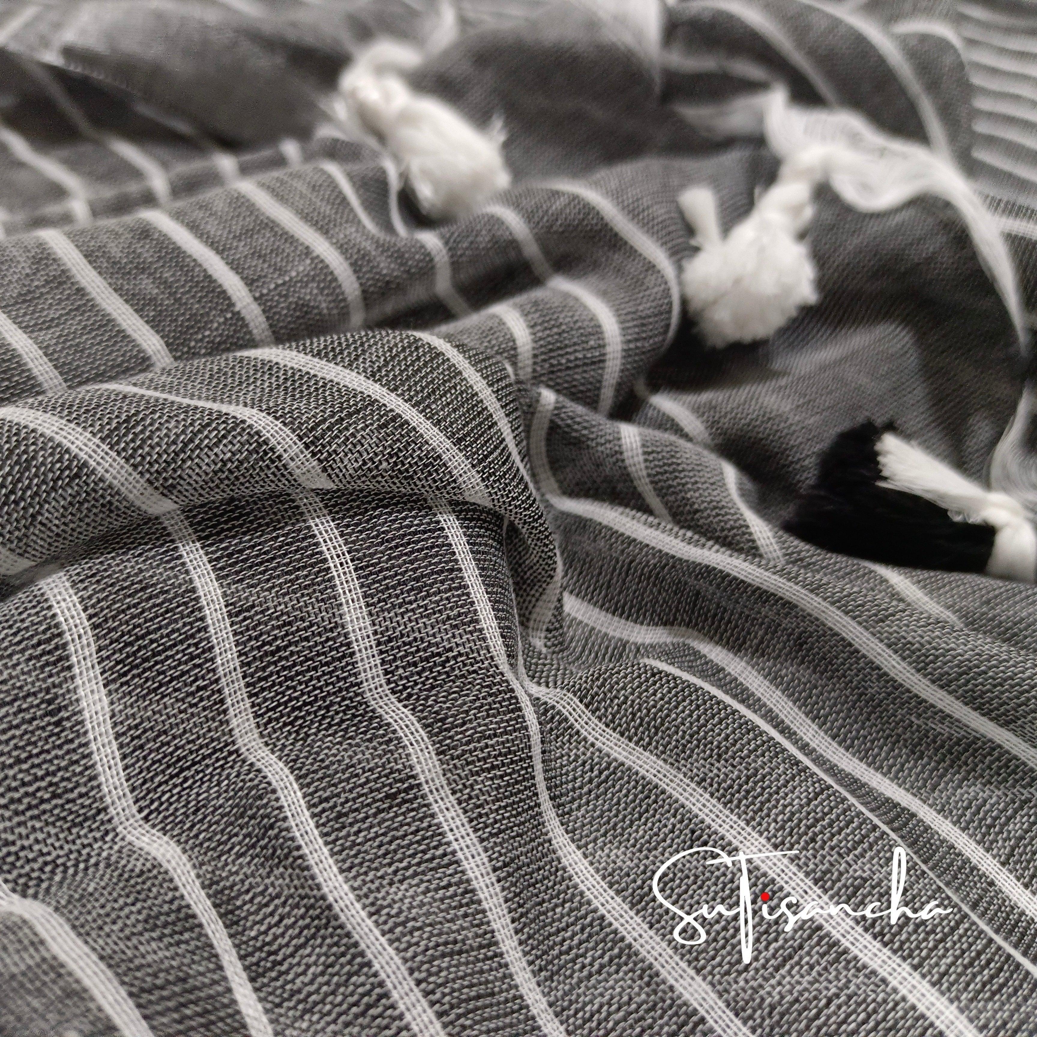 Sutisancha Grey Stripe with PomPom Khadi Cotton Saree - Suti Sancha