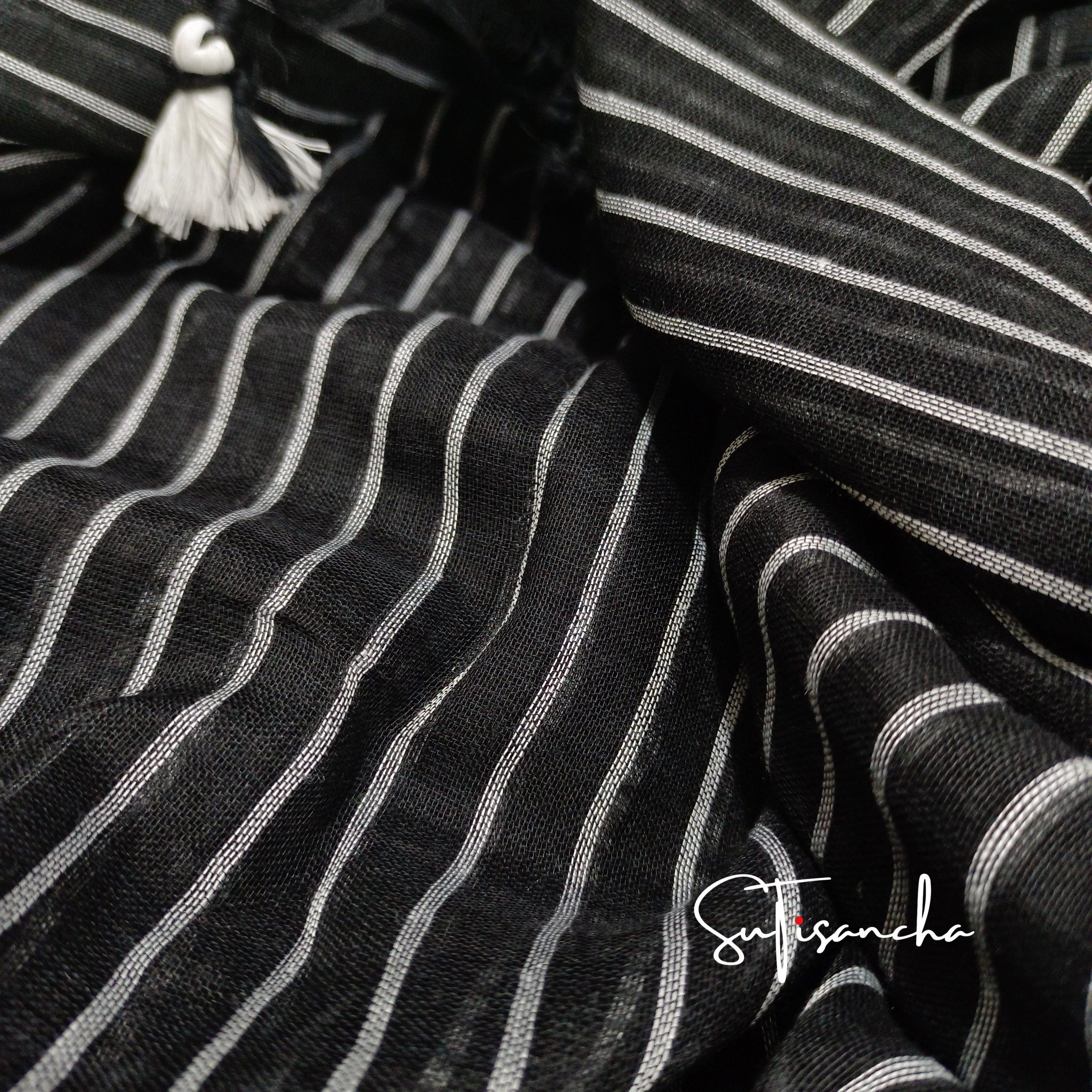 Sutisancha Black Stripe with PomPom Khadi Cotton Saree - Suti Sancha