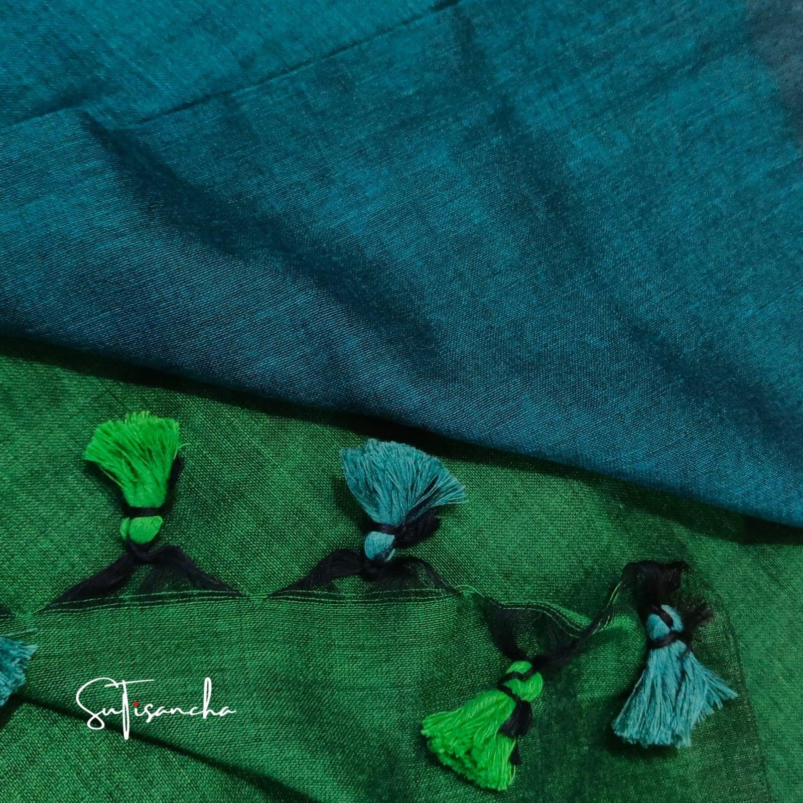 Sutisancha Green Hand Woven Pure Khadi Dual Colour PomPom Saree - Suti Sancha