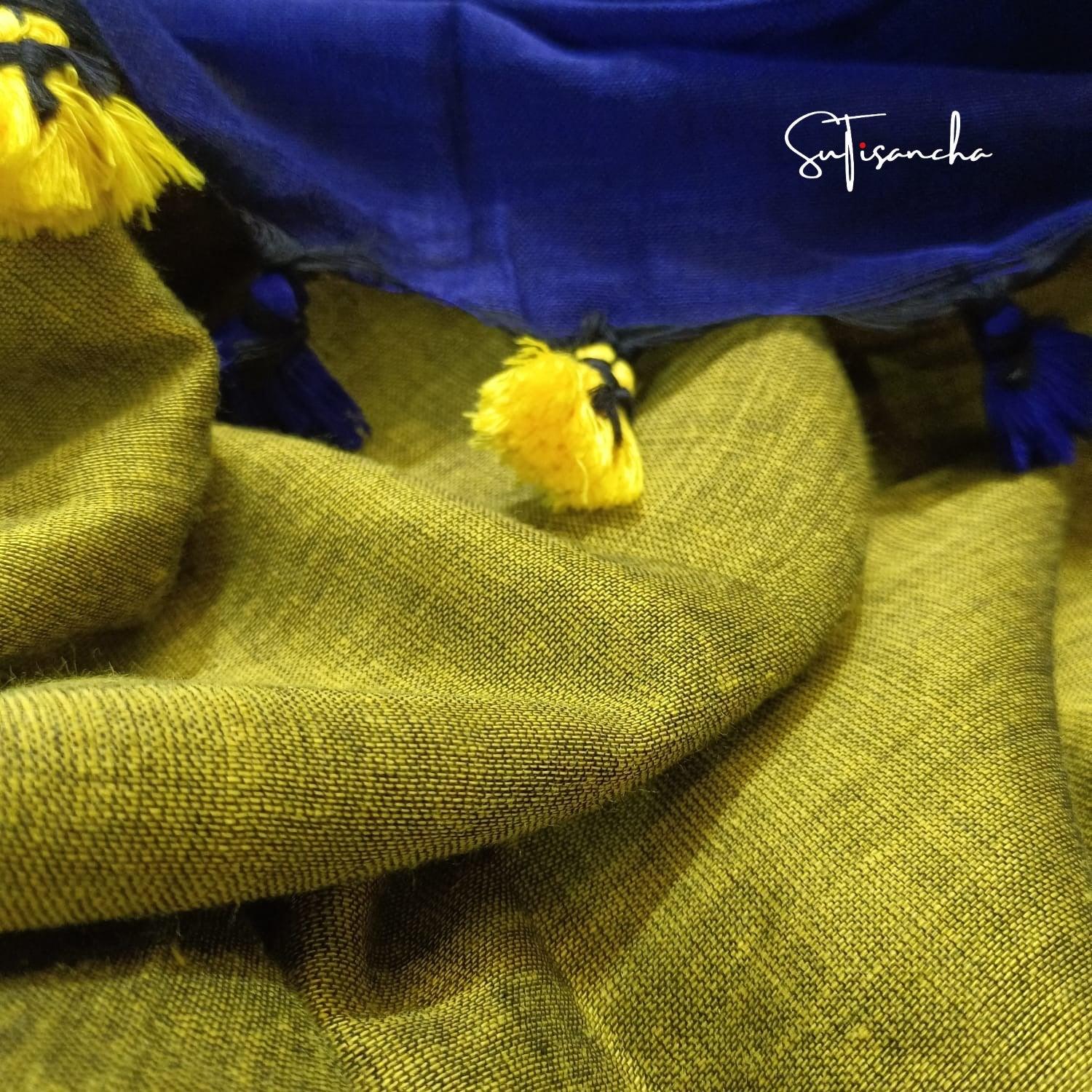 Sutisancha Blue Pallu Hand Woven Pure Khadi PomPom Saree - Suti Sancha