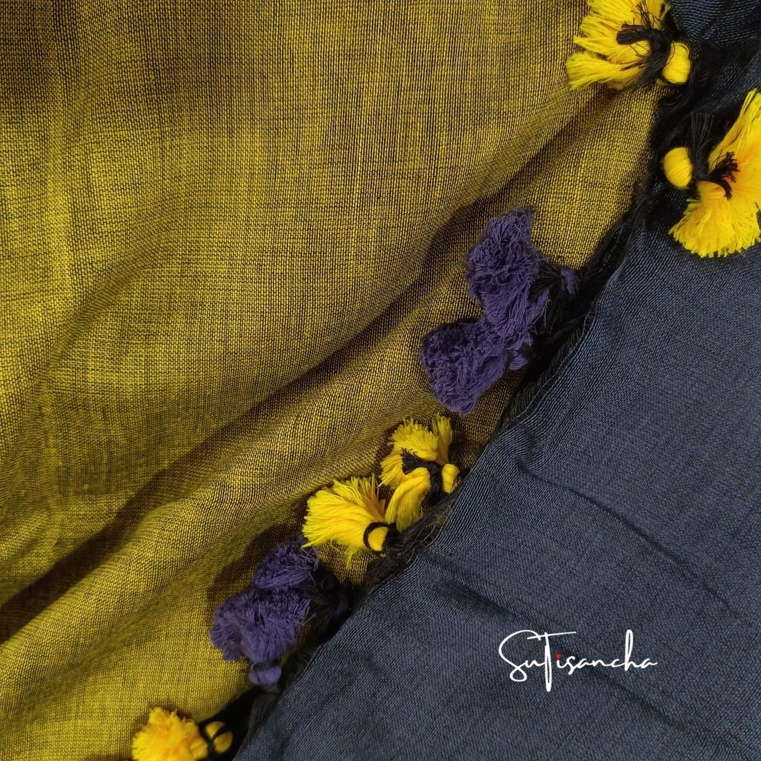 Sutisancha Hand Woven Pure Khadi Dual Colour PomPom Saree - Suti Sancha