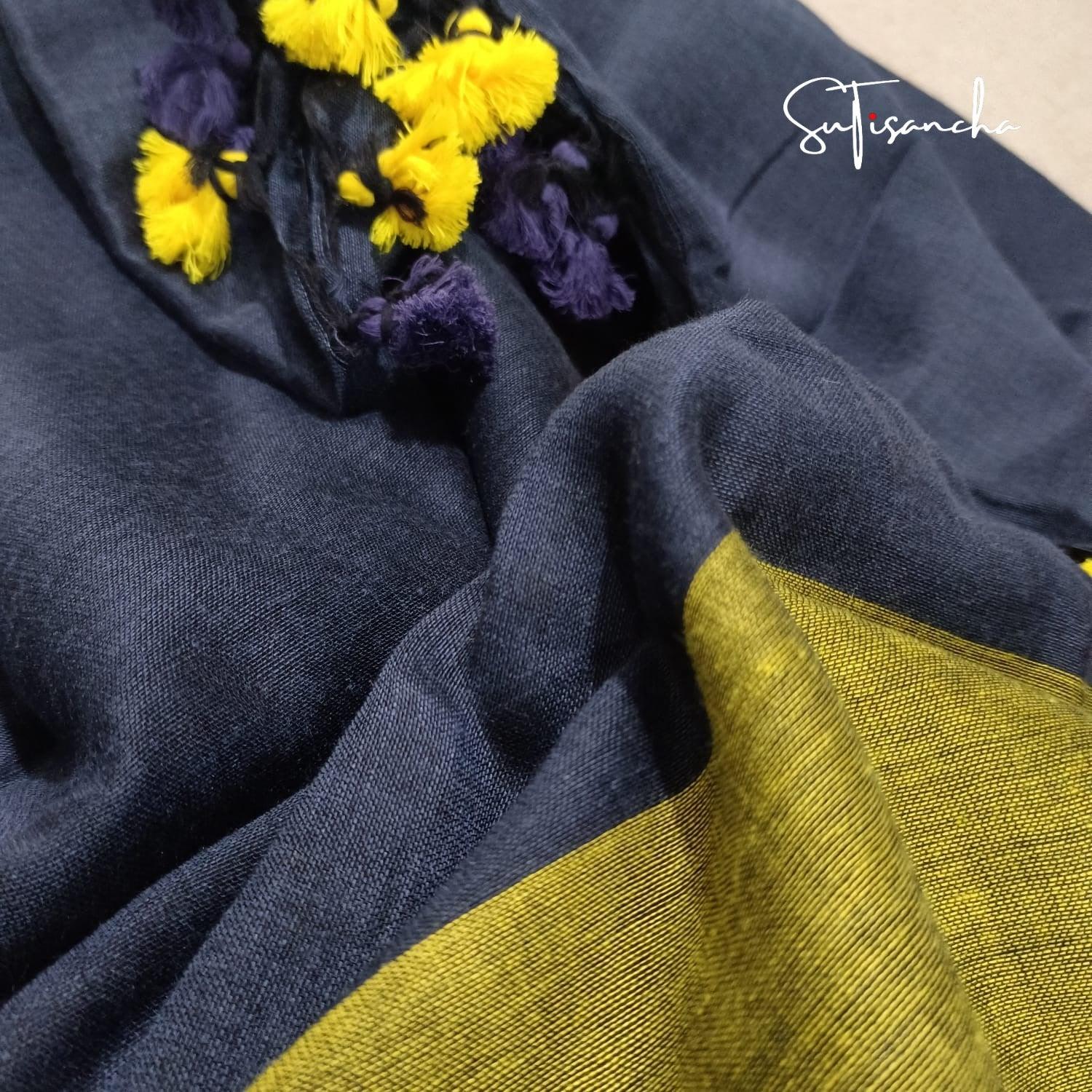 Sutisancha Hand Woven Pure Khadi Dual Colour PomPom Saree - Suti Sancha