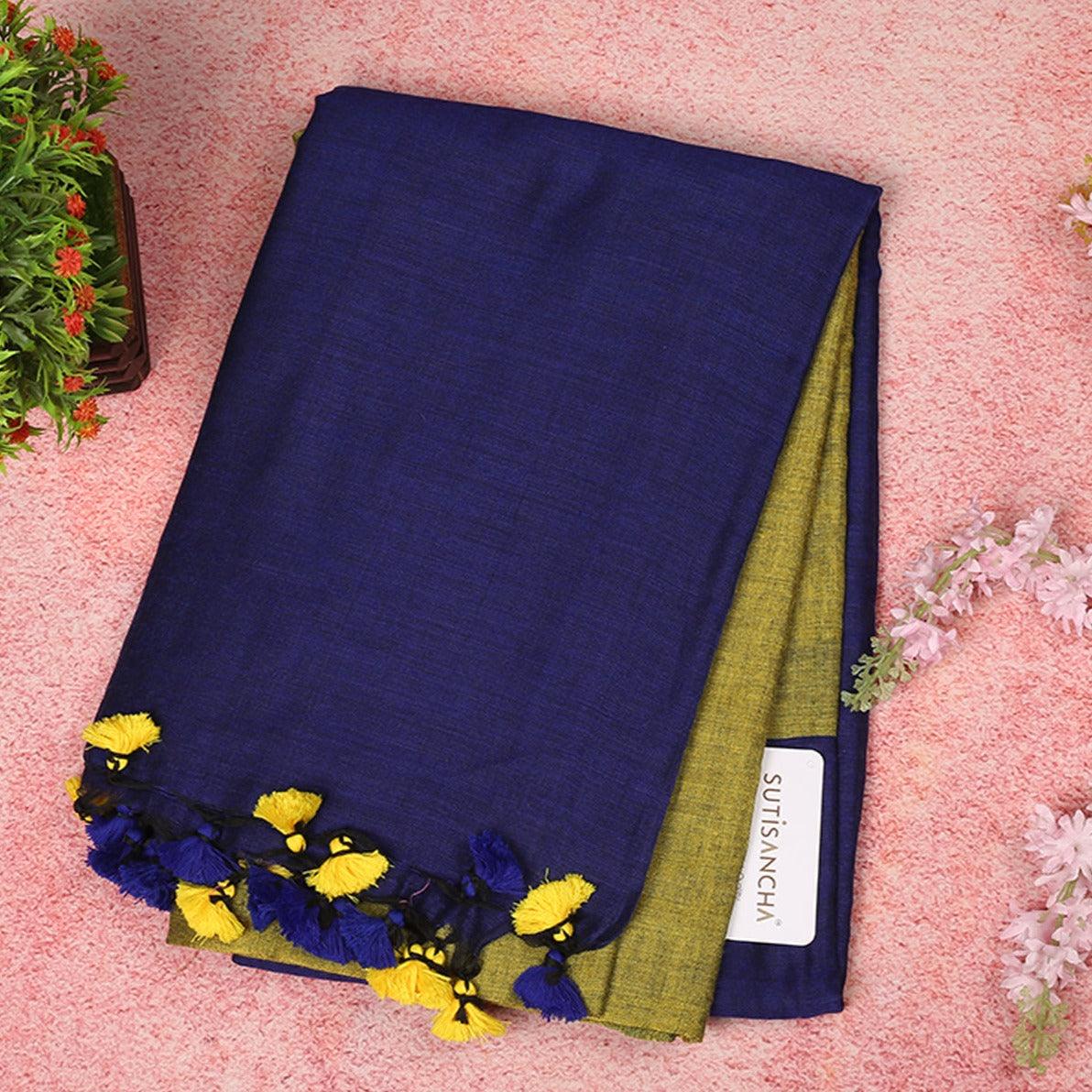 Sutisancha Blue Pallu Hand Woven Pure Khadi PomPom Saree - Suti Sancha