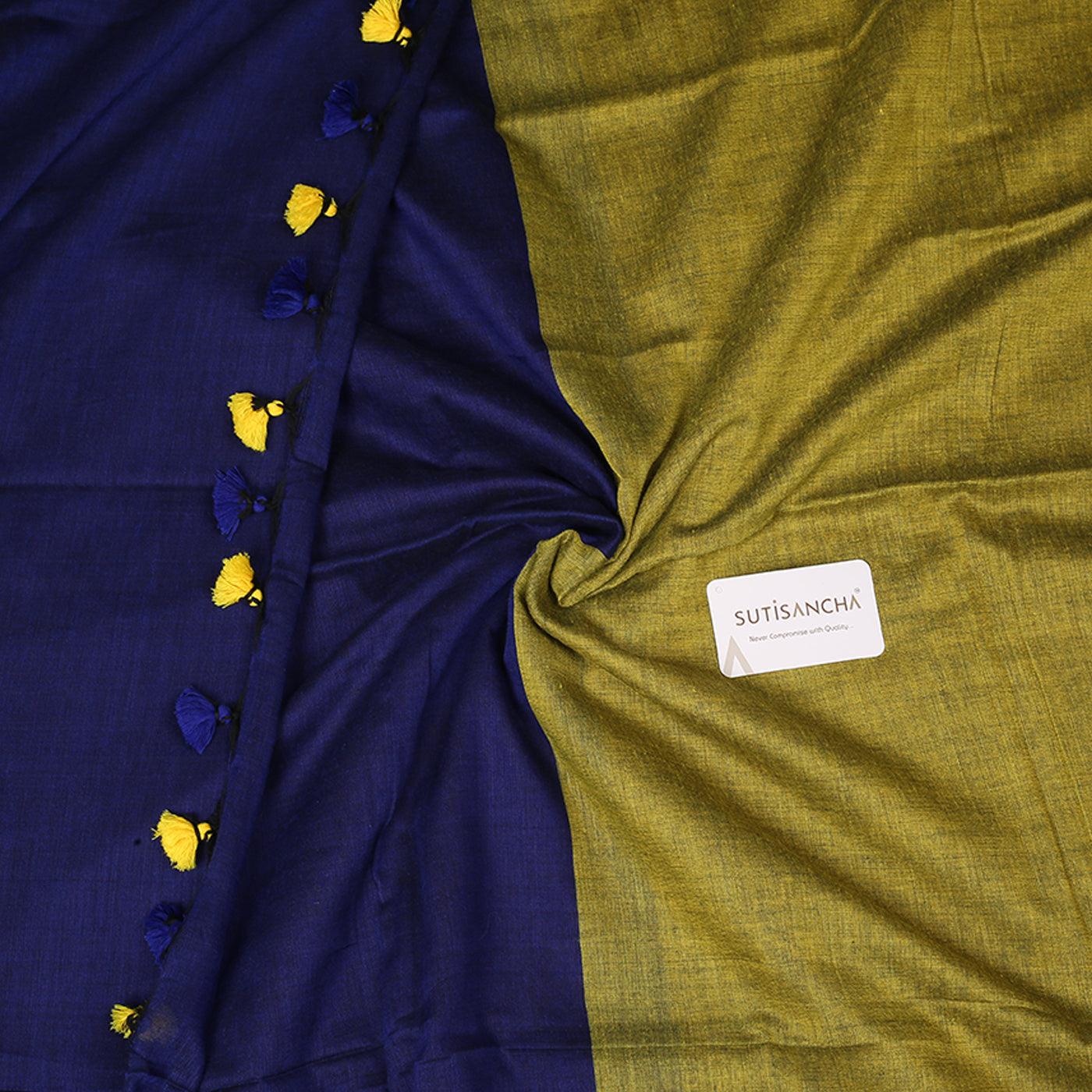 Sutisancha Blue Pallu Hand Woven Pure Khadi PomPom Saree - Suti Sancha