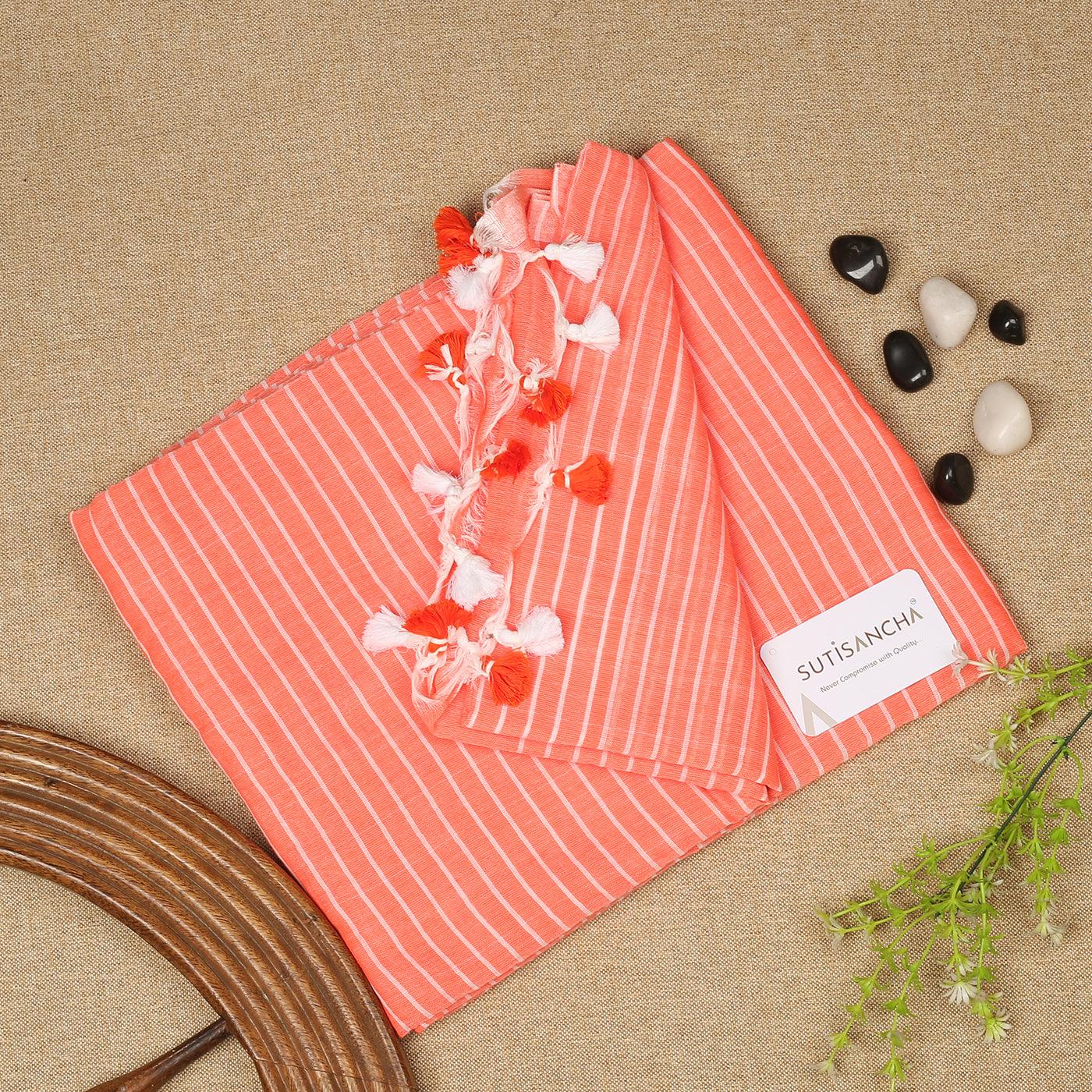 Sutisancha Pantone Peach Stripe with PomPom Khadi Saree - Suti Sancha