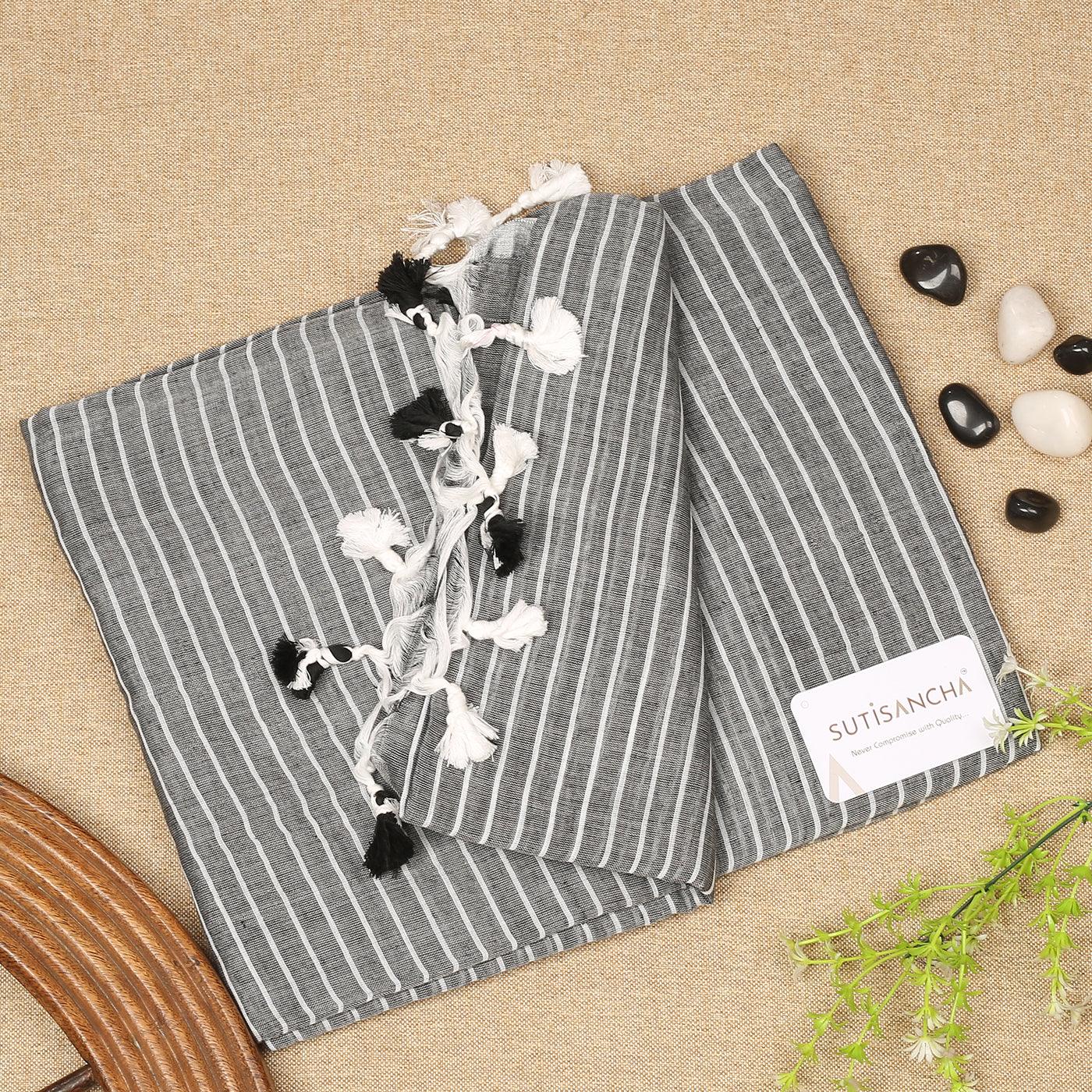 Sutisancha Grey Stripe with PomPom Khadi Cotton Saree - Suti Sancha