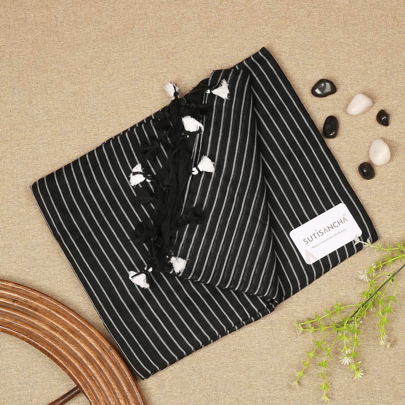 Sutisancha Black Stripe with PomPom Khadi Cotton Saree - Suti Sancha