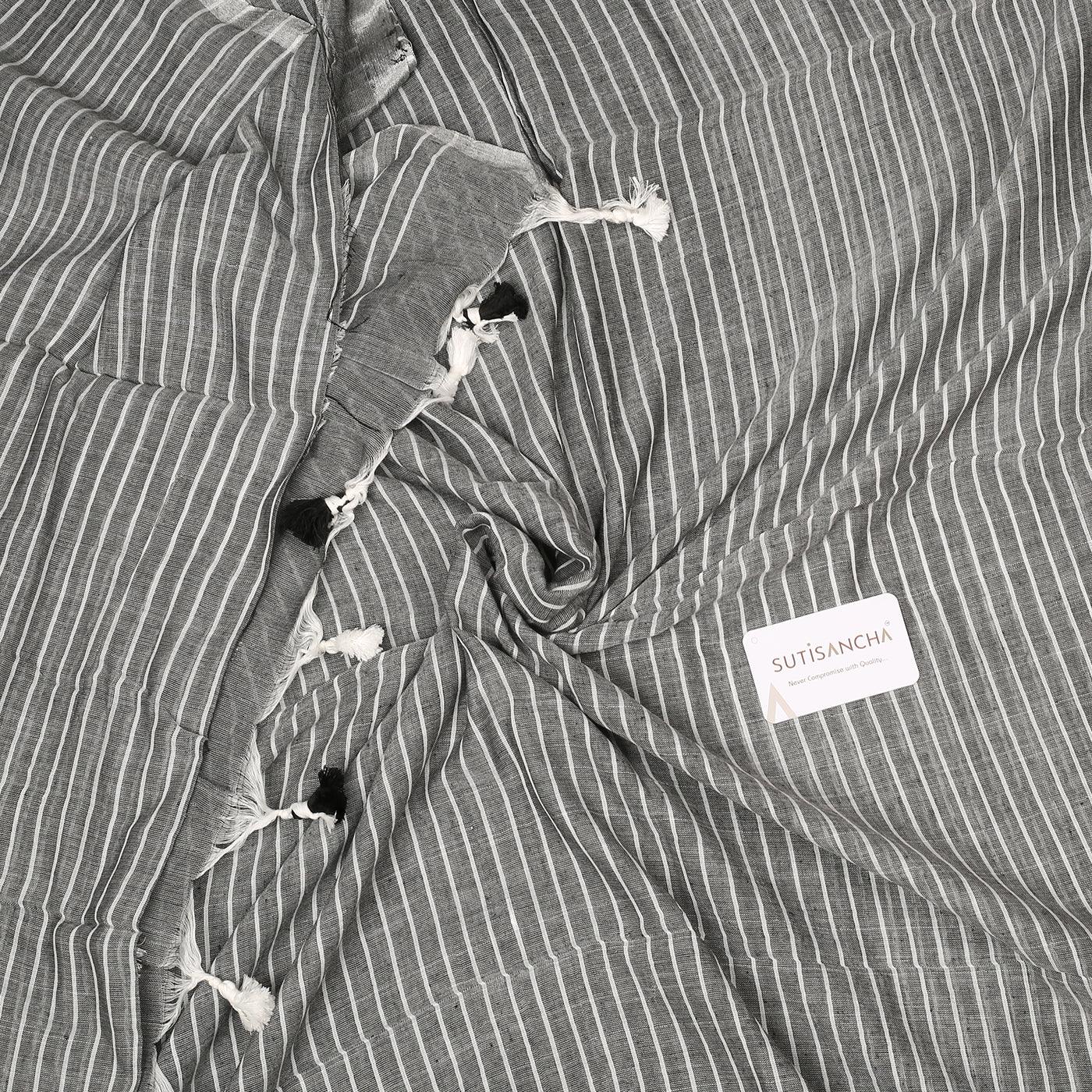 Sutisancha Grey Stripe with PomPom Khadi Cotton Saree - Suti Sancha