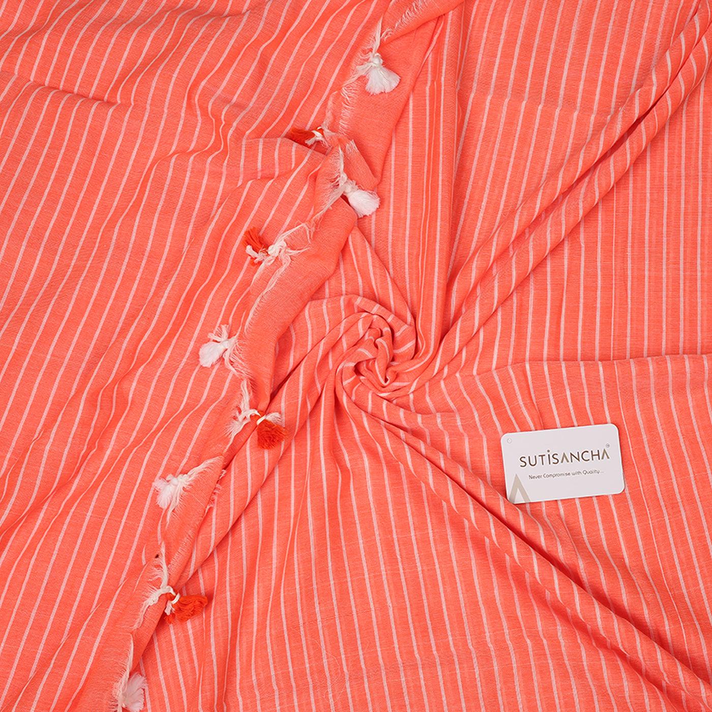 Sutisancha Pantone Peach Stripe with PomPom Khadi Saree - Suti Sancha