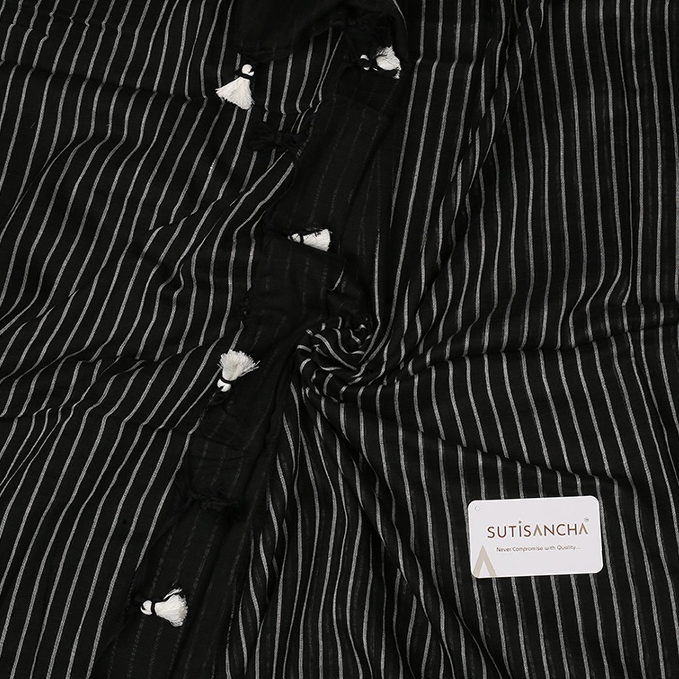 Sutisancha Black Stripe with PomPom Khadi Cotton Saree - Suti Sancha