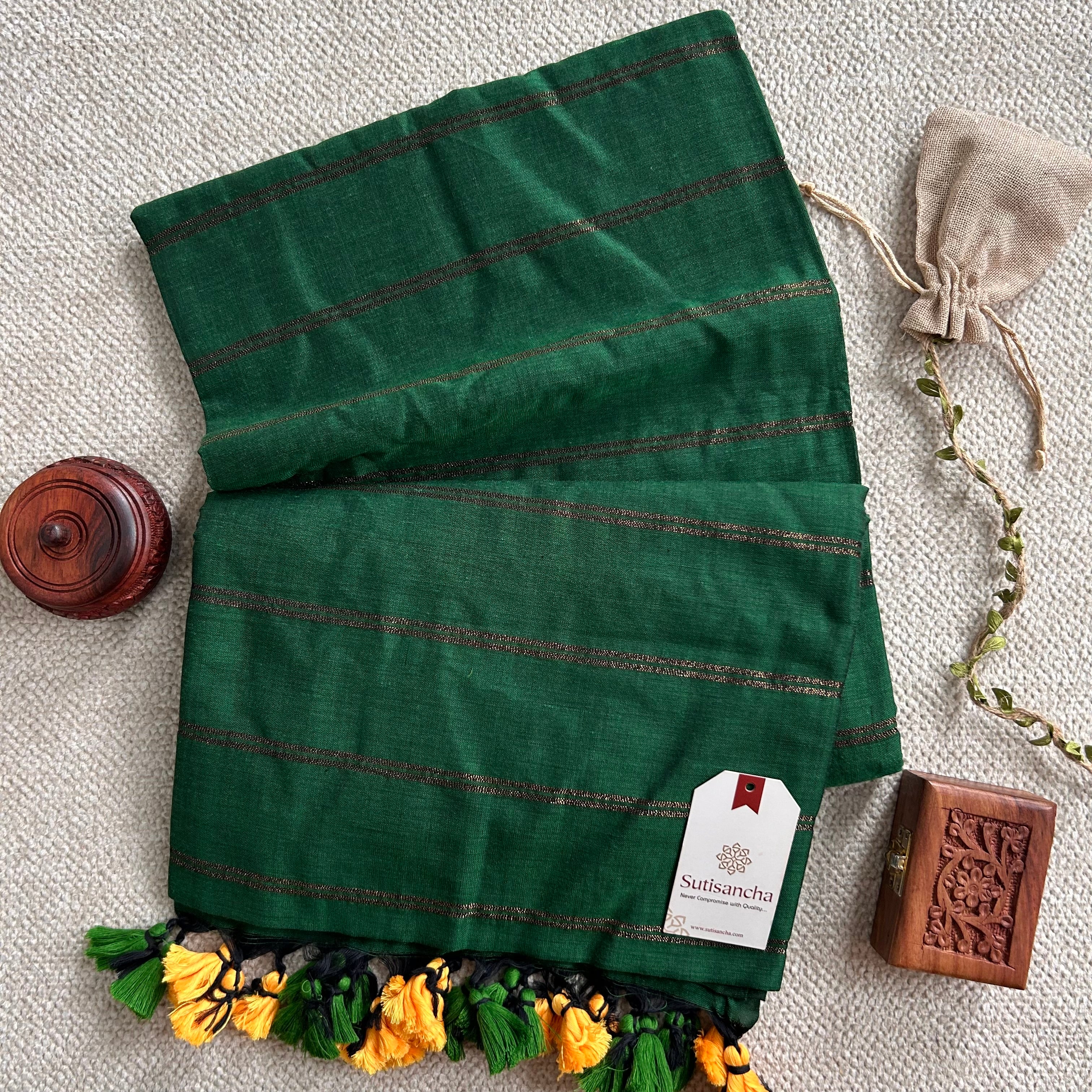 Sutisancha Green Dual Zari Stripe Saree