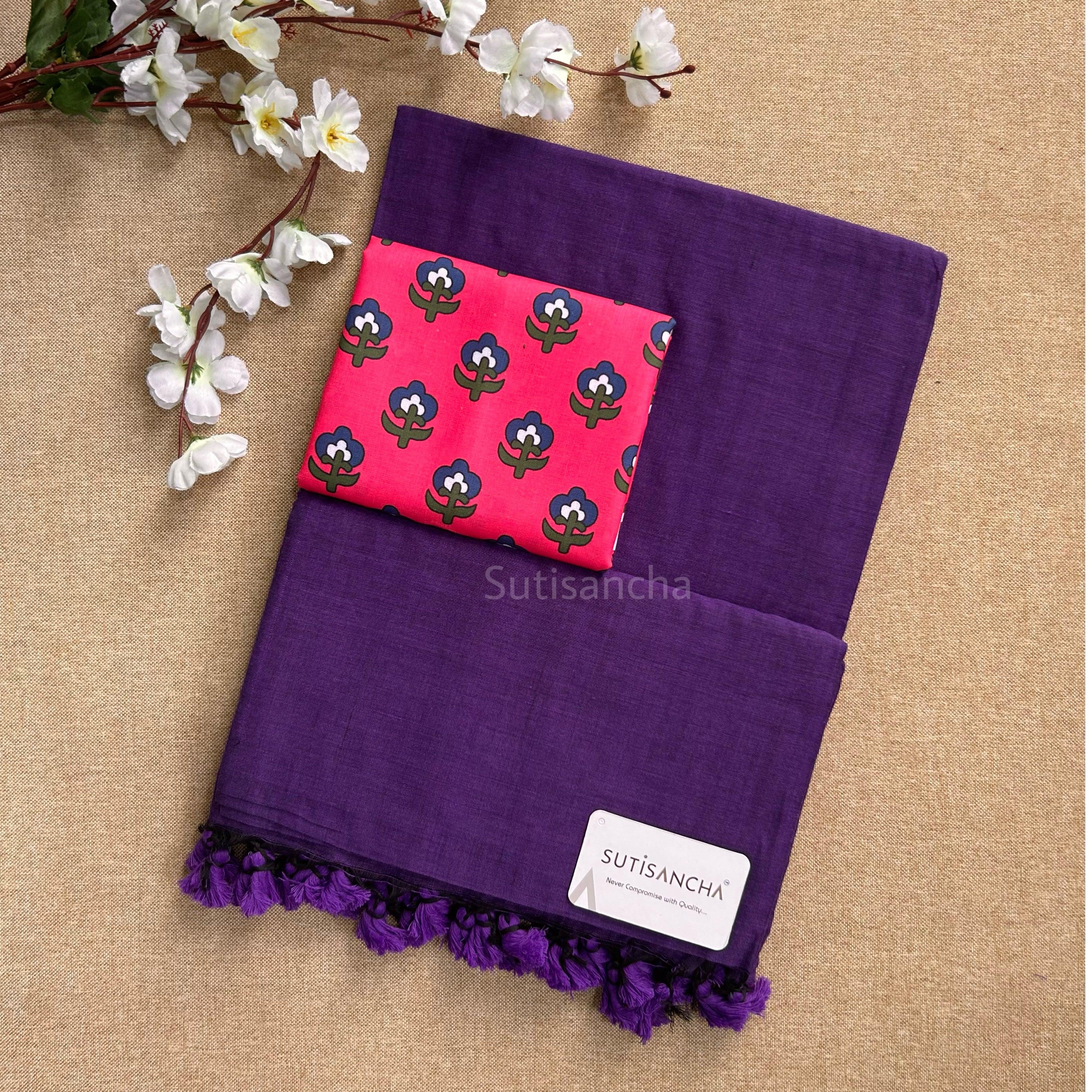 Sutisancha purple Plain Khadi with Pink Design Blouse - Suti Sancha