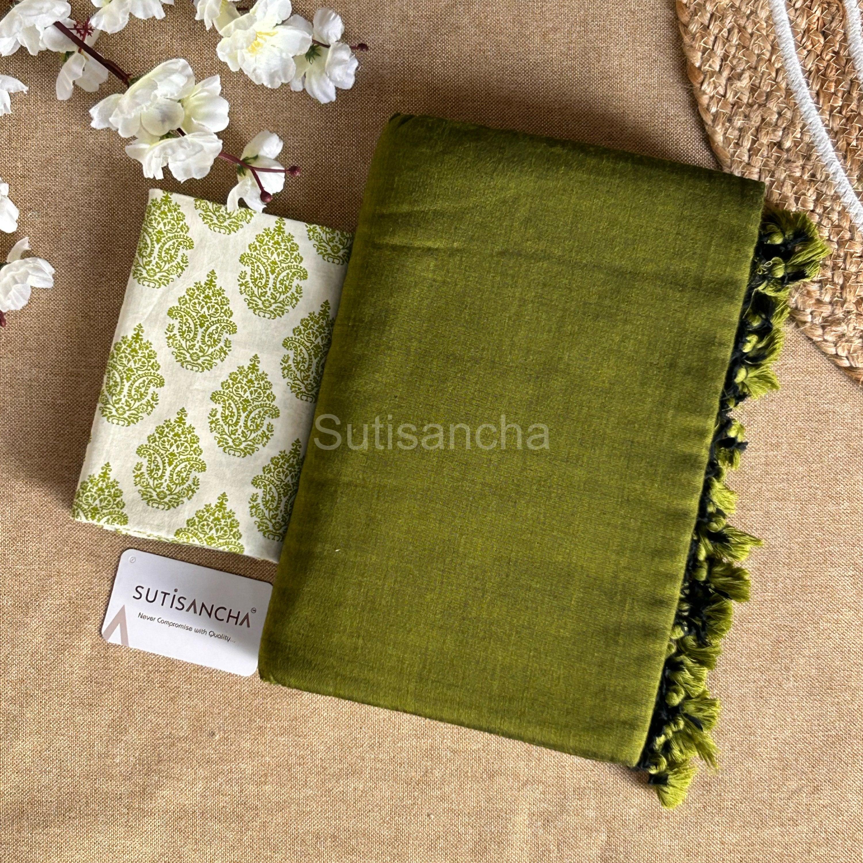 Sutisancha Mehendi Khadi Saree & Cotton Design Blouse - Suti Sancha