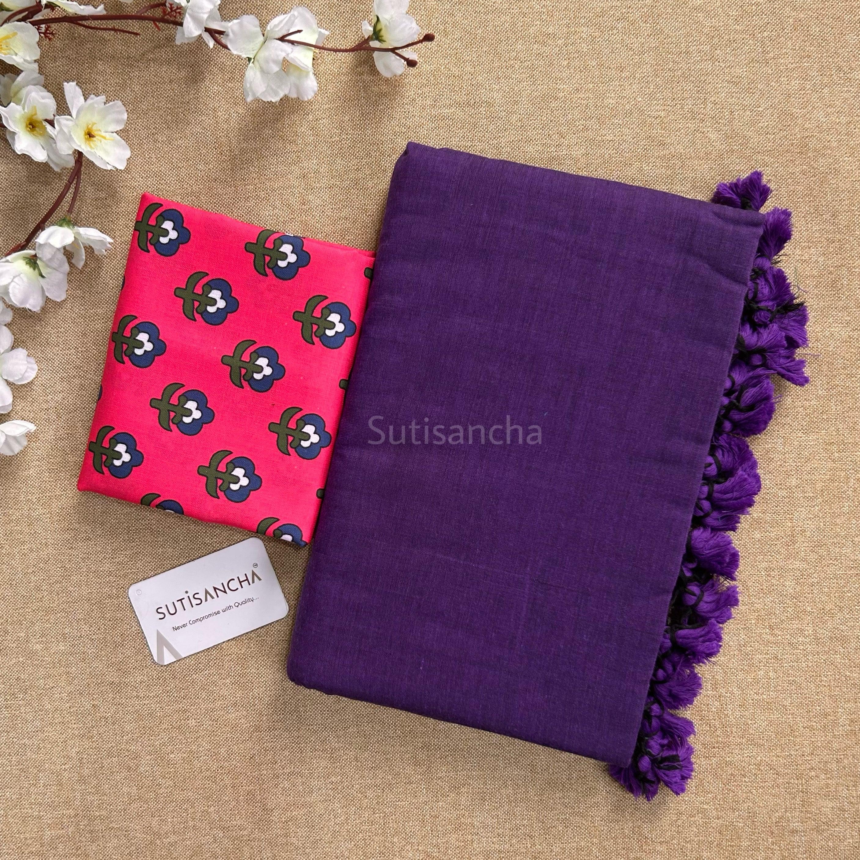 Sutisancha purple Plain Khadi with Pink Design Blouse - Suti Sancha