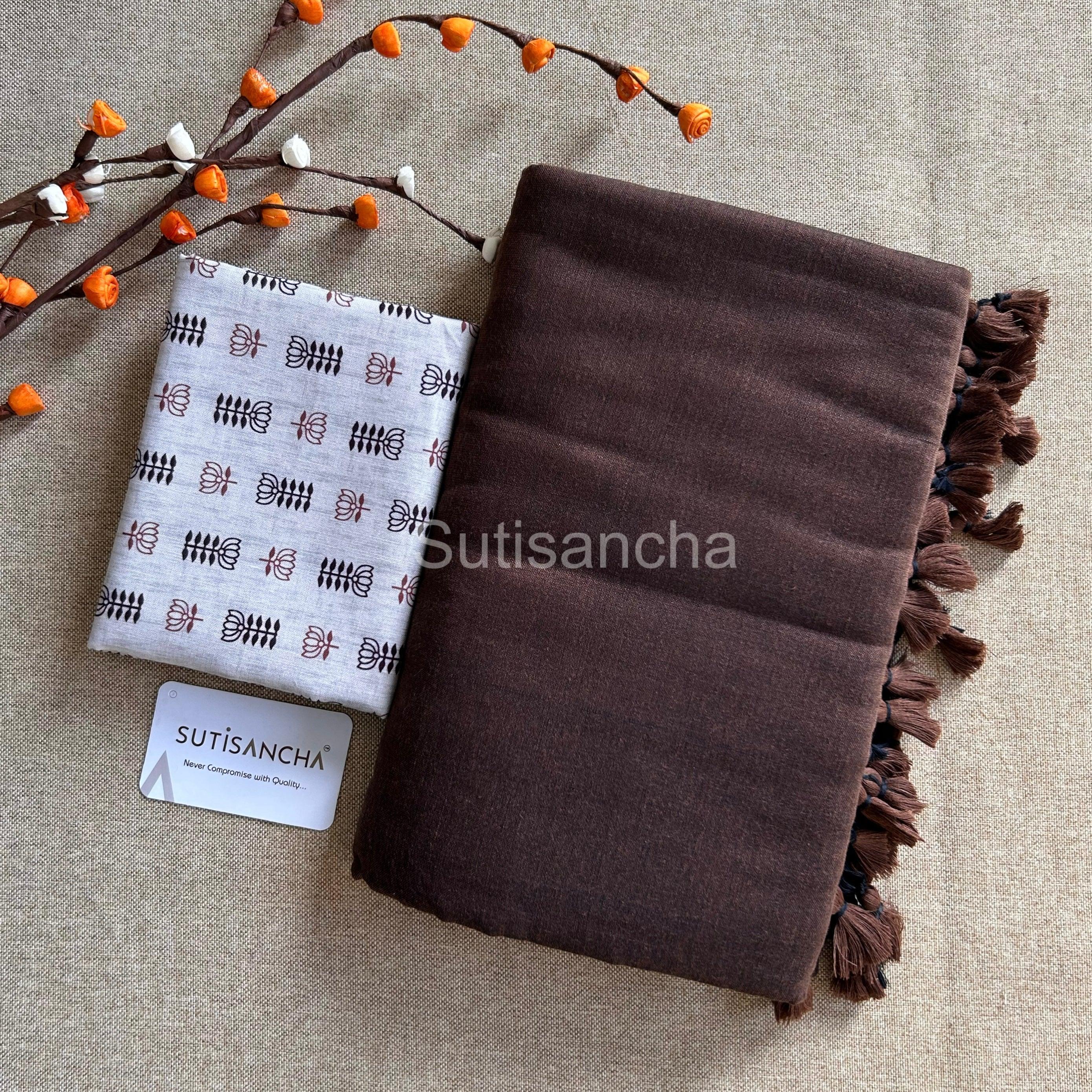 Sutisancha Brown Khadi Saree & Cotton Design Blouse - Suti Sancha