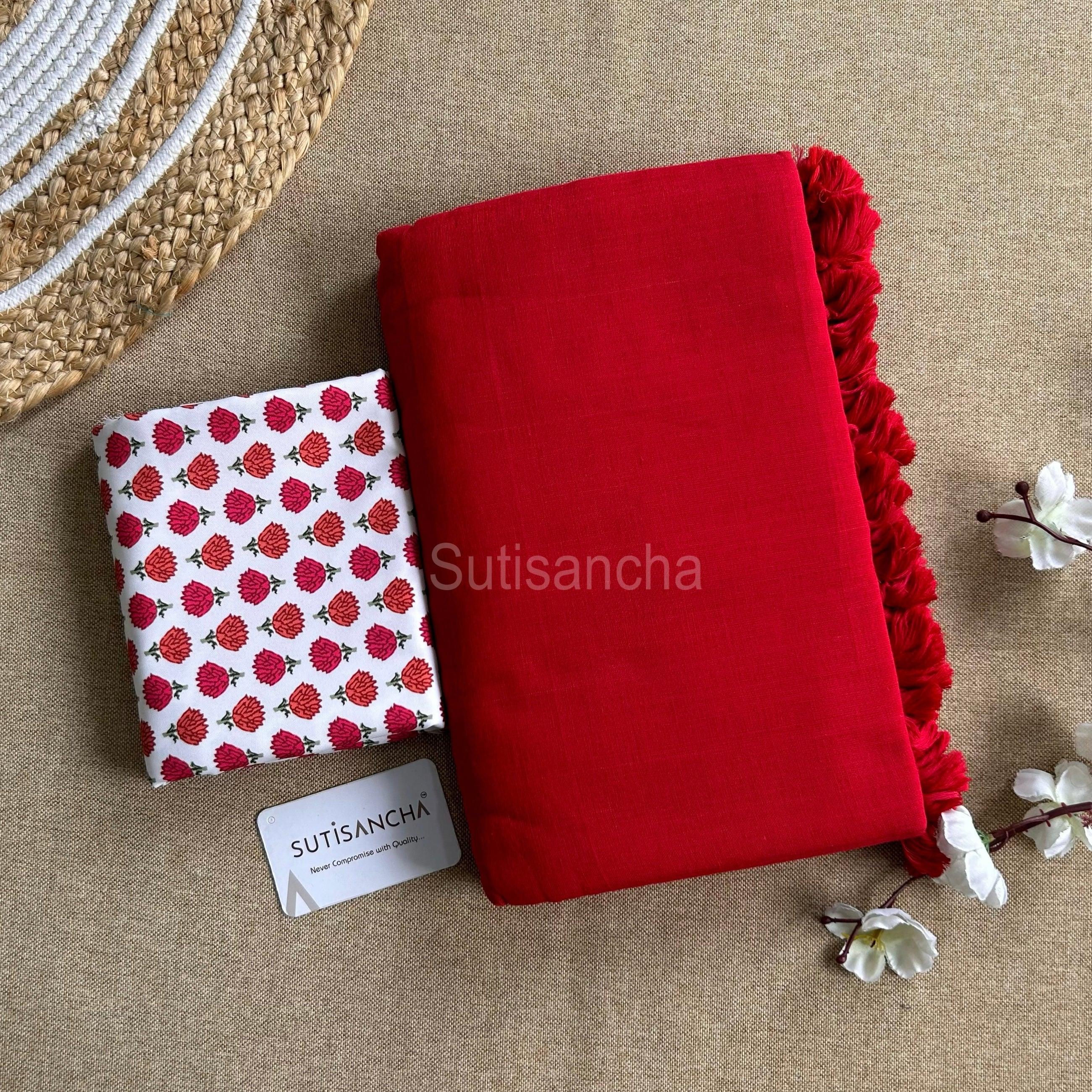 Sutisancha Red Plain Khadi Saree & Red Design Blouse - Suti Sancha