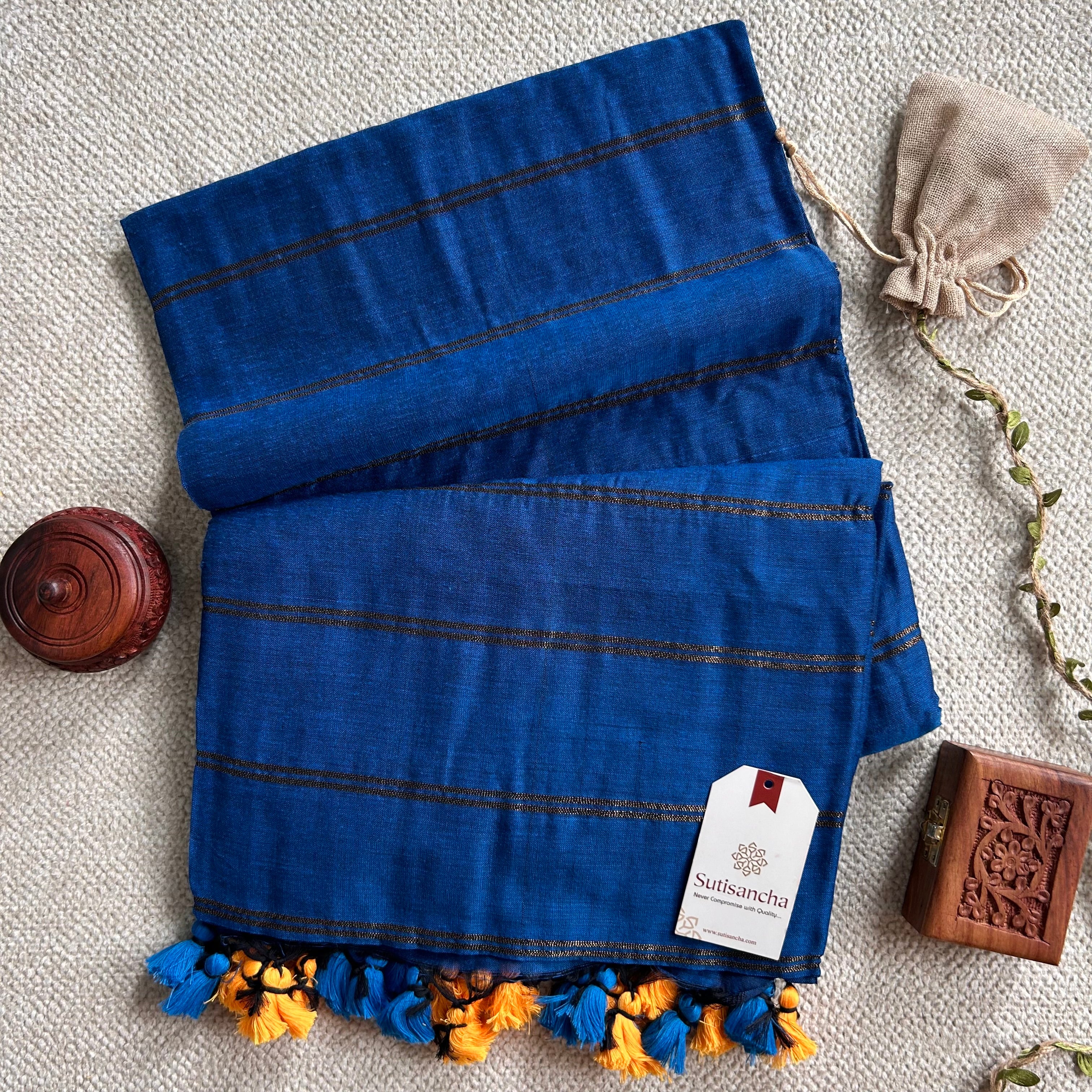 Sutisancha Indigo Dual Zari Stripe Saree