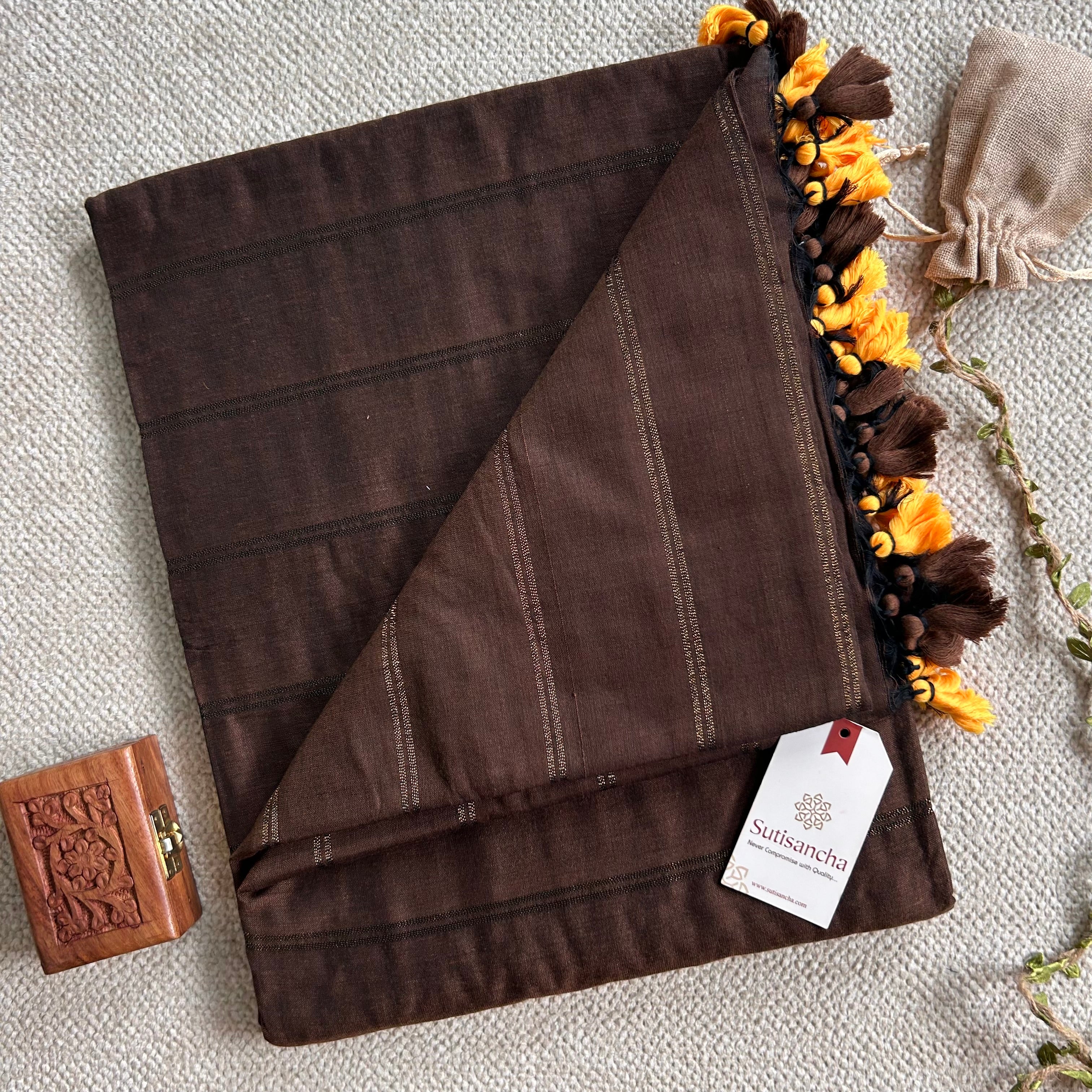 Sutisancha Brown Dual Zari Stripe Saree