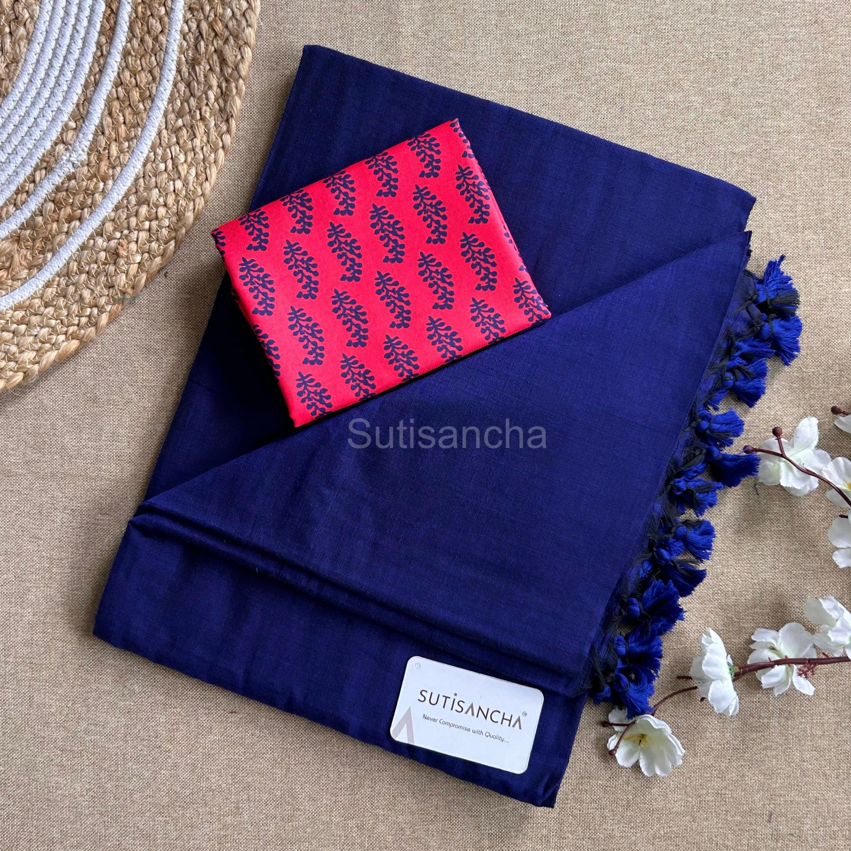 Sutisancha Blue Plain Khadi with Red Cotton Blouse - Suti Sancha