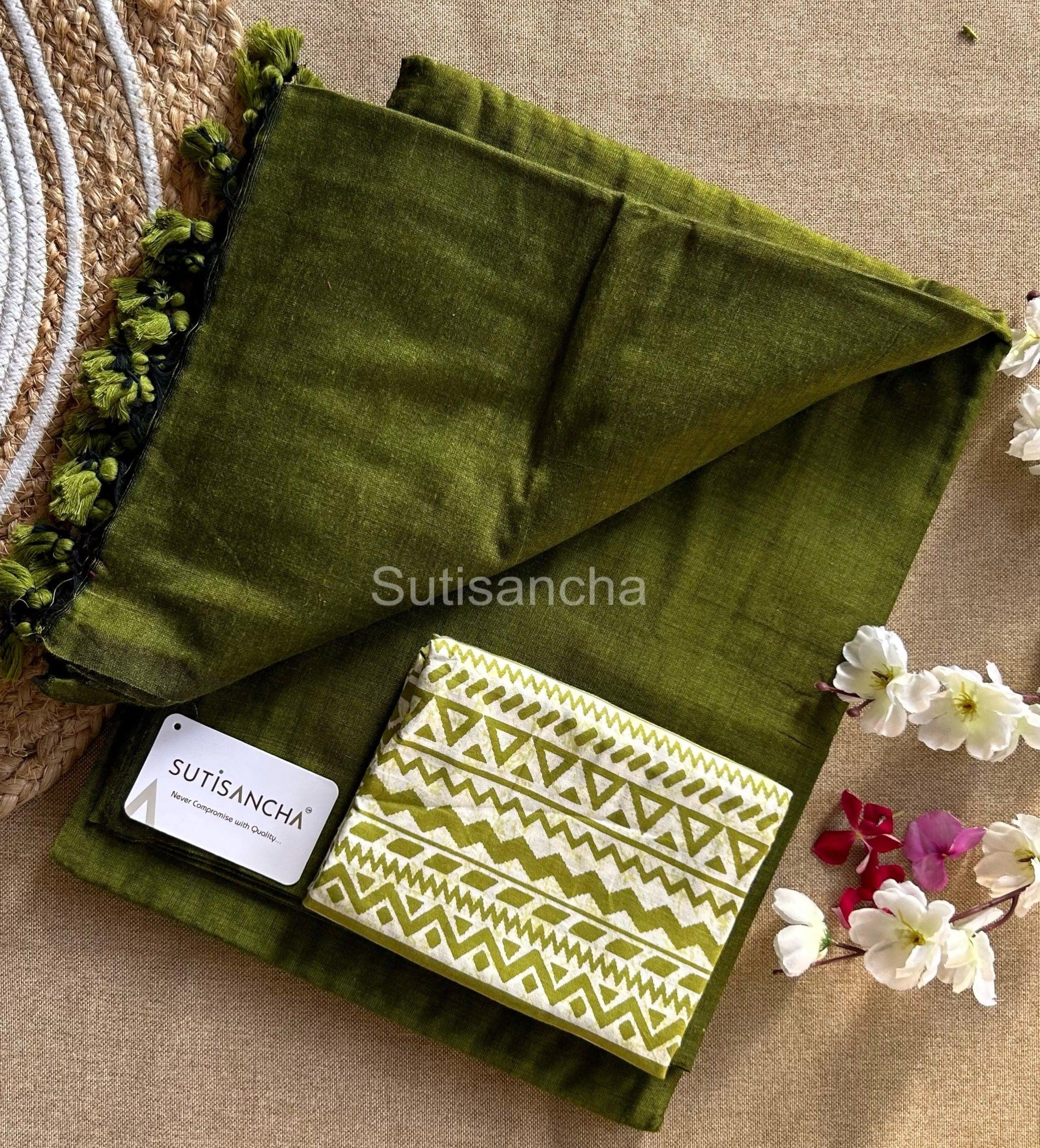 Sutisancha Mahendi Khadi with Design Blouse - Suti Sancha