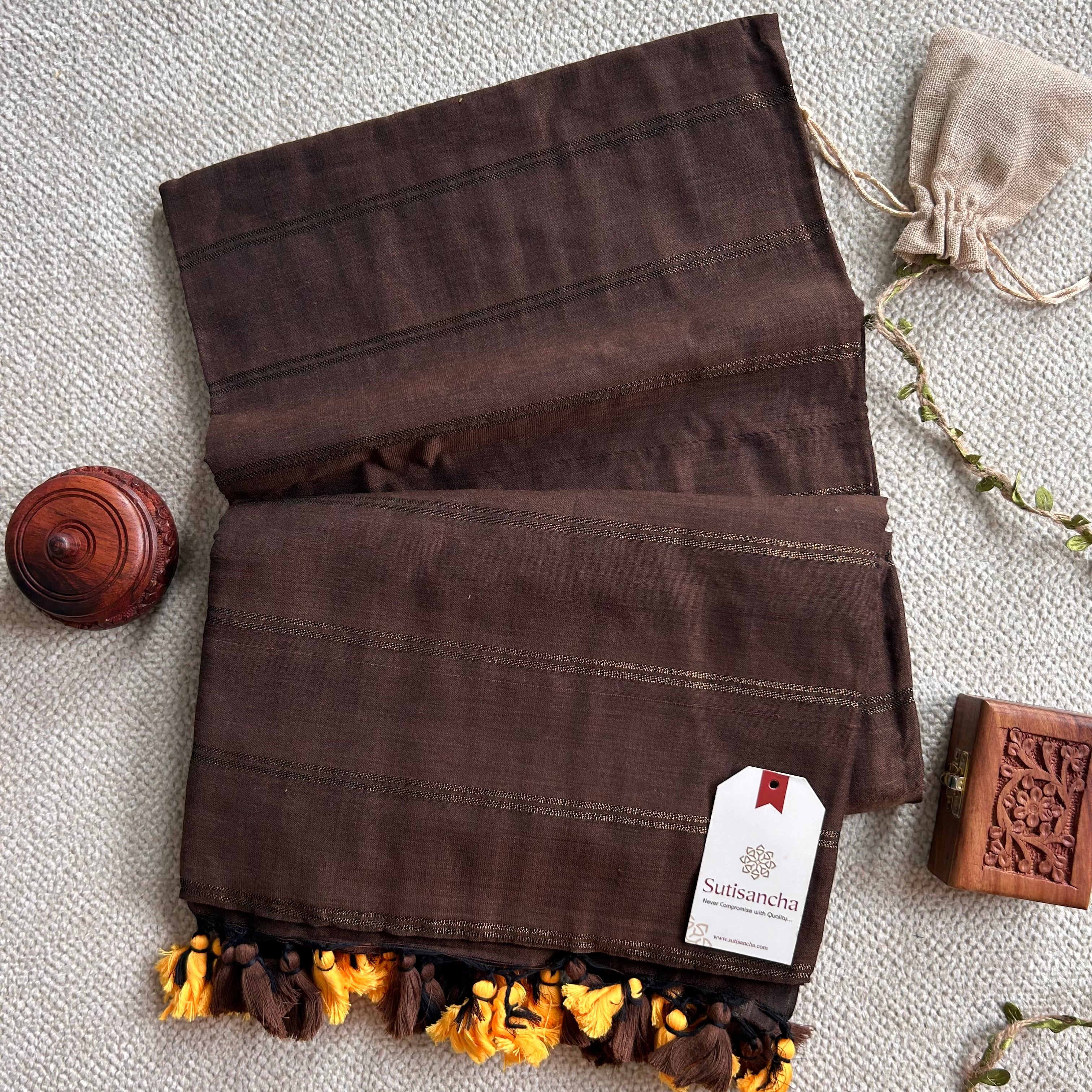 Sutisancha Brown Dual Zari Stripe Saree