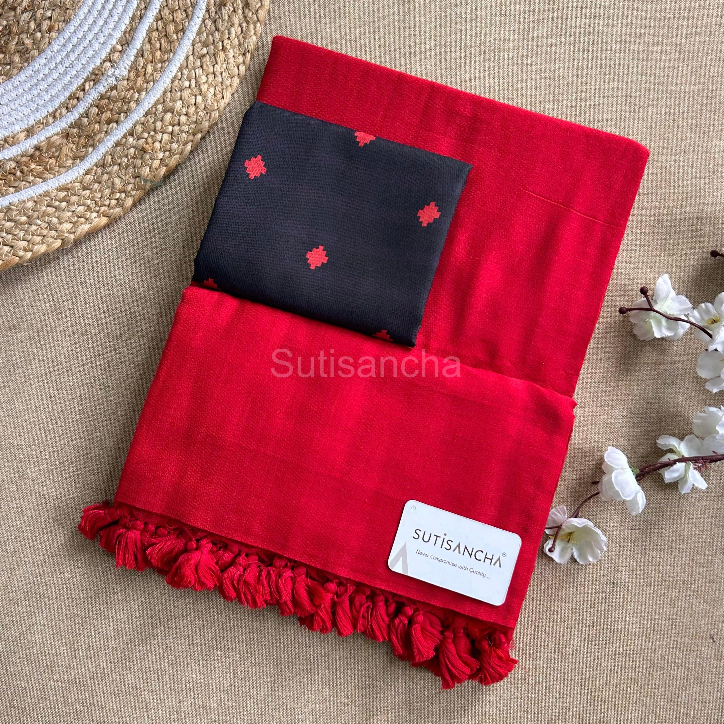 Sutisancha Red Khadi Saree & Black Blouse - Suti Sancha