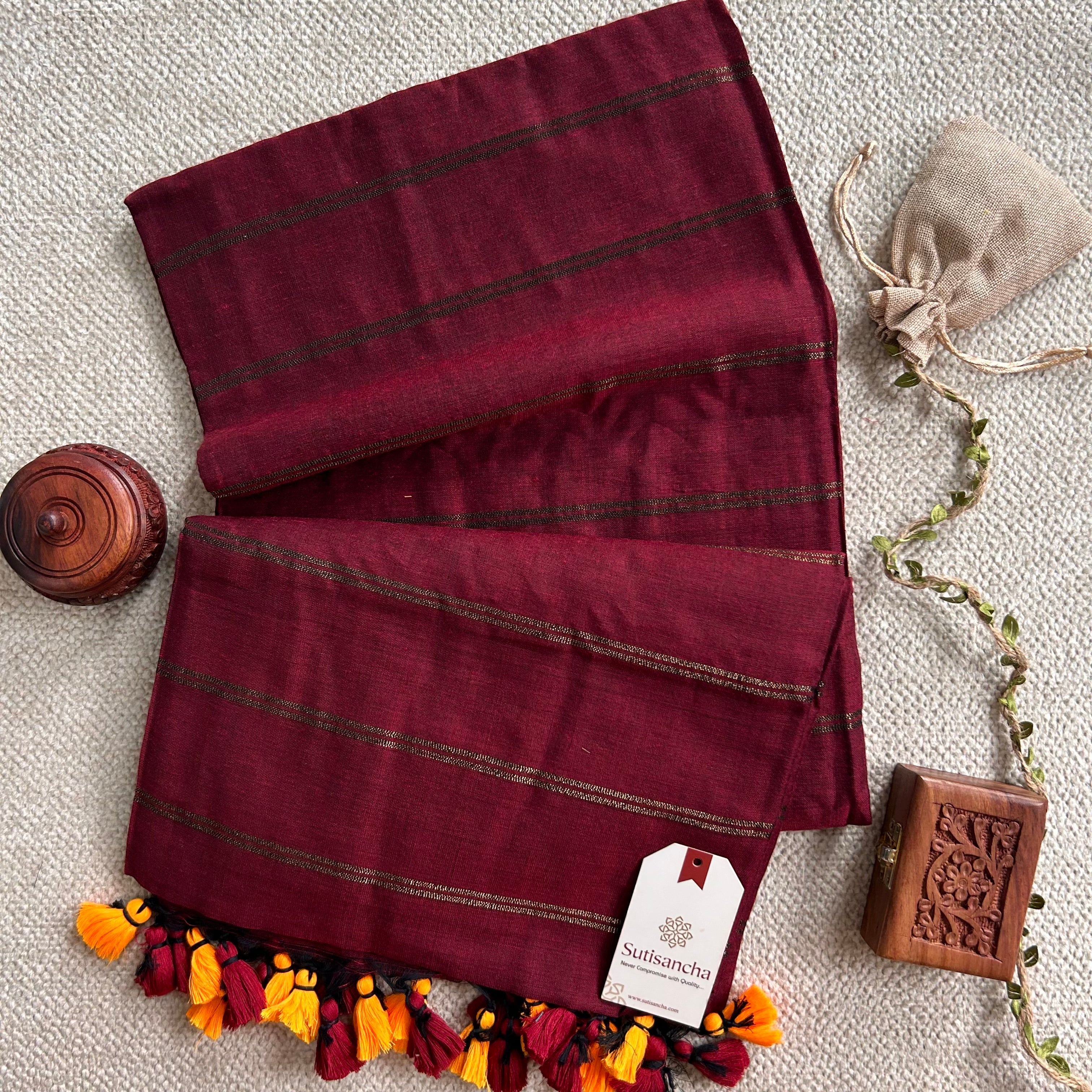 Sutisancha Maroon Dual Zari Stripe Saree