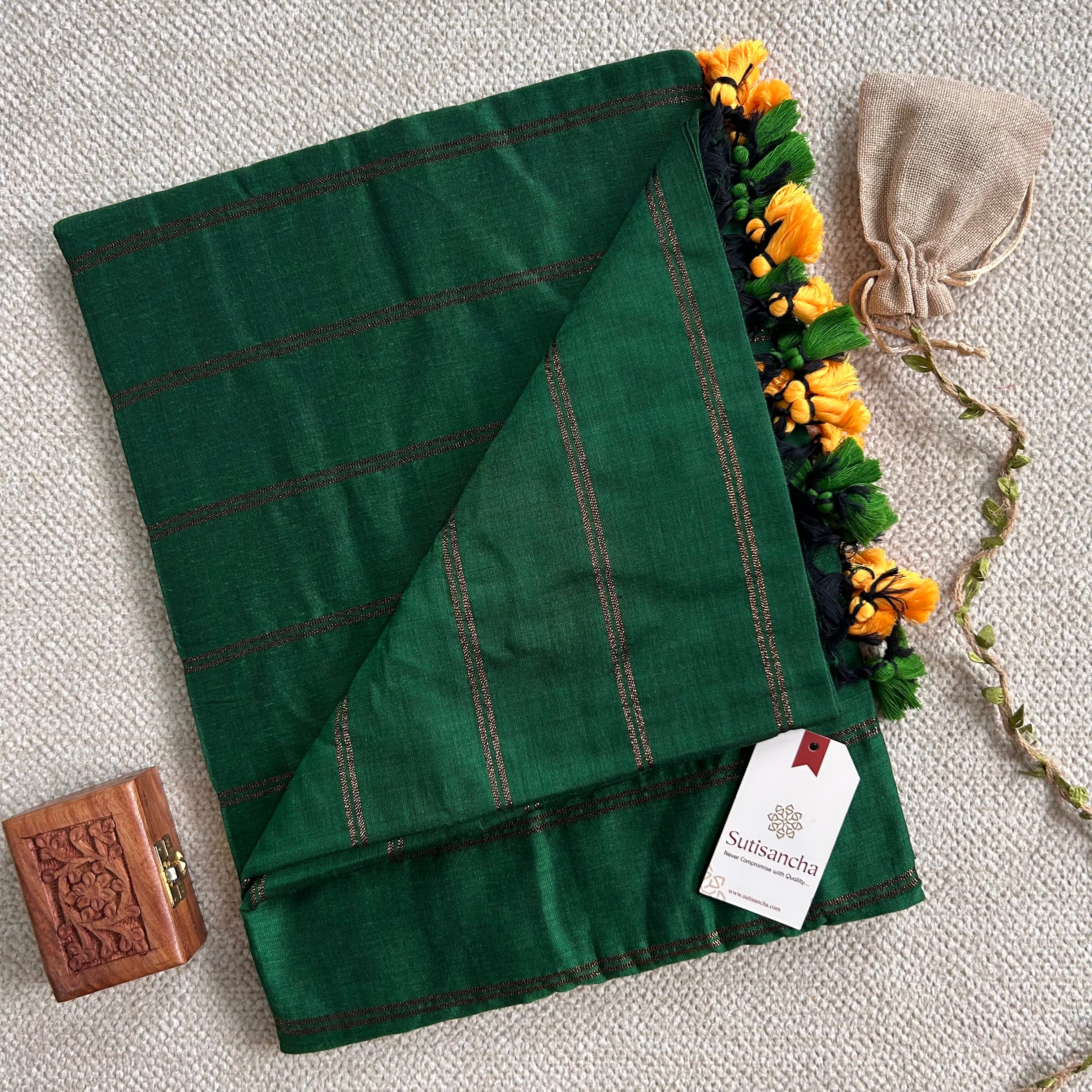 Sutisancha Green Dual Zari Stripe Saree