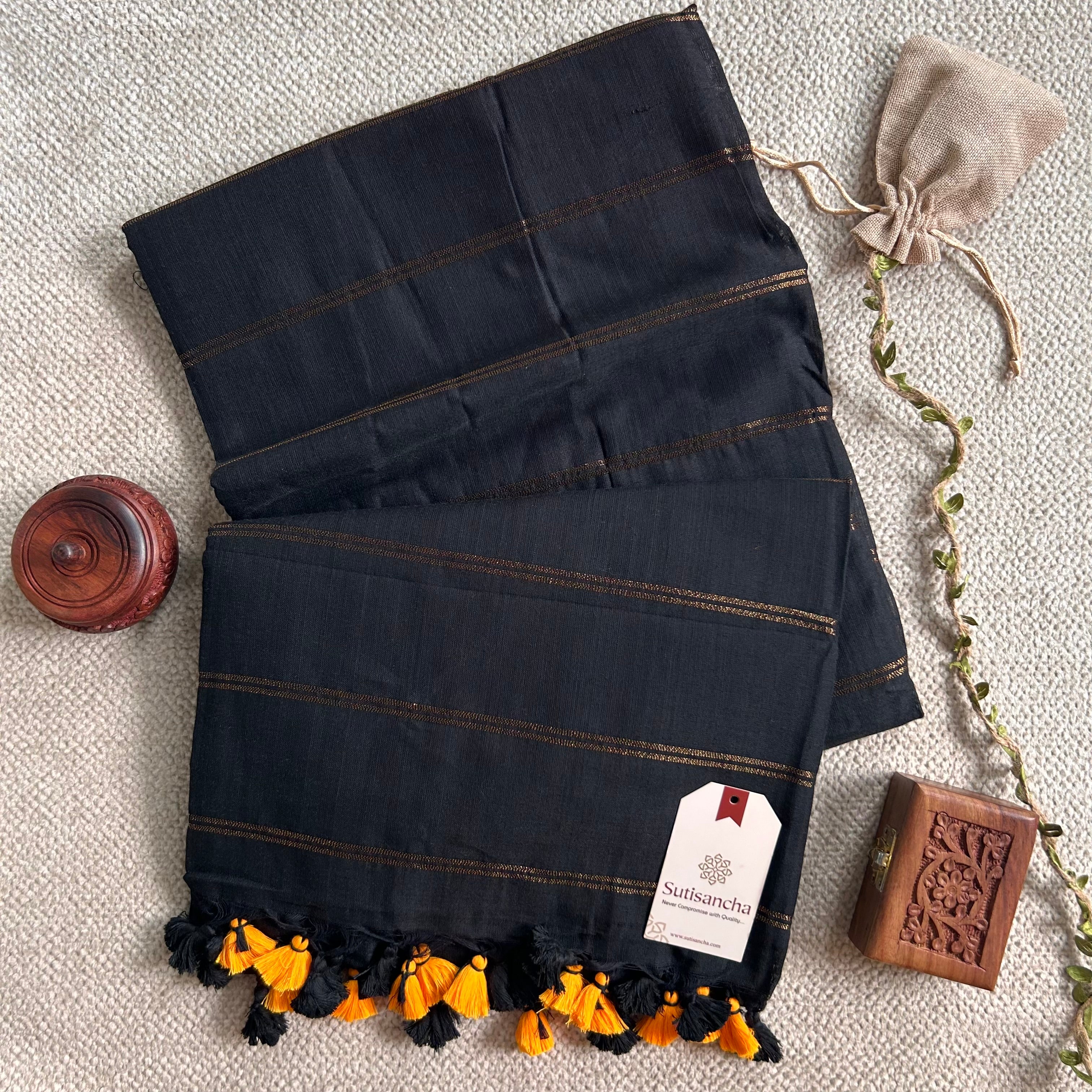 Sutisancha Black Dual Zari Stripe Saree