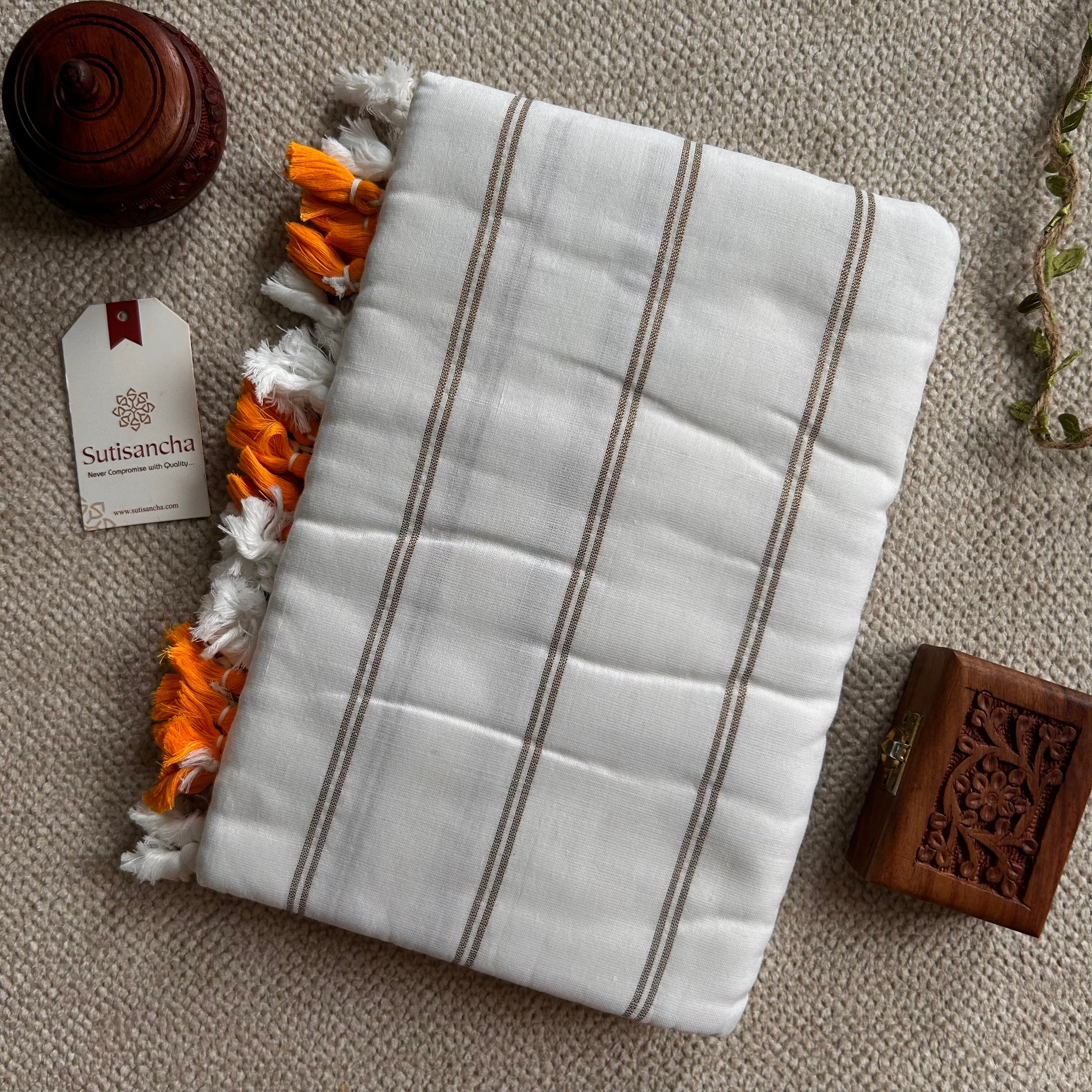 Sutisancha White Dual Zari Stripe Saree