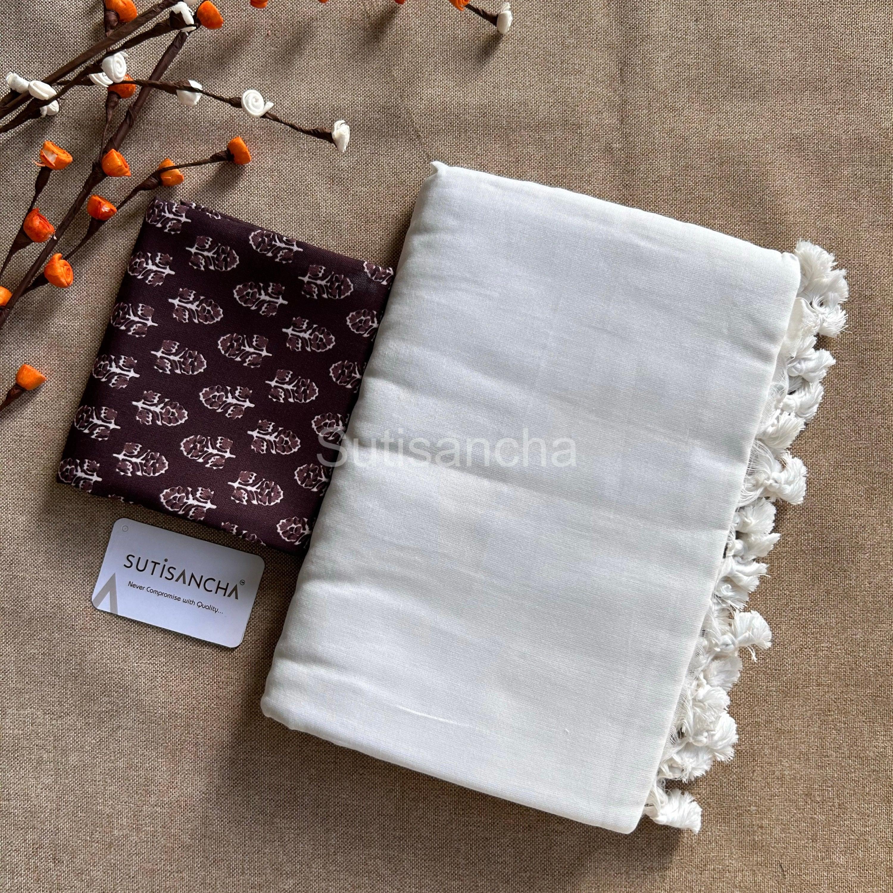 Sutisancha White Khadi Saree & Brown Cotton Blouse - Suti Sancha