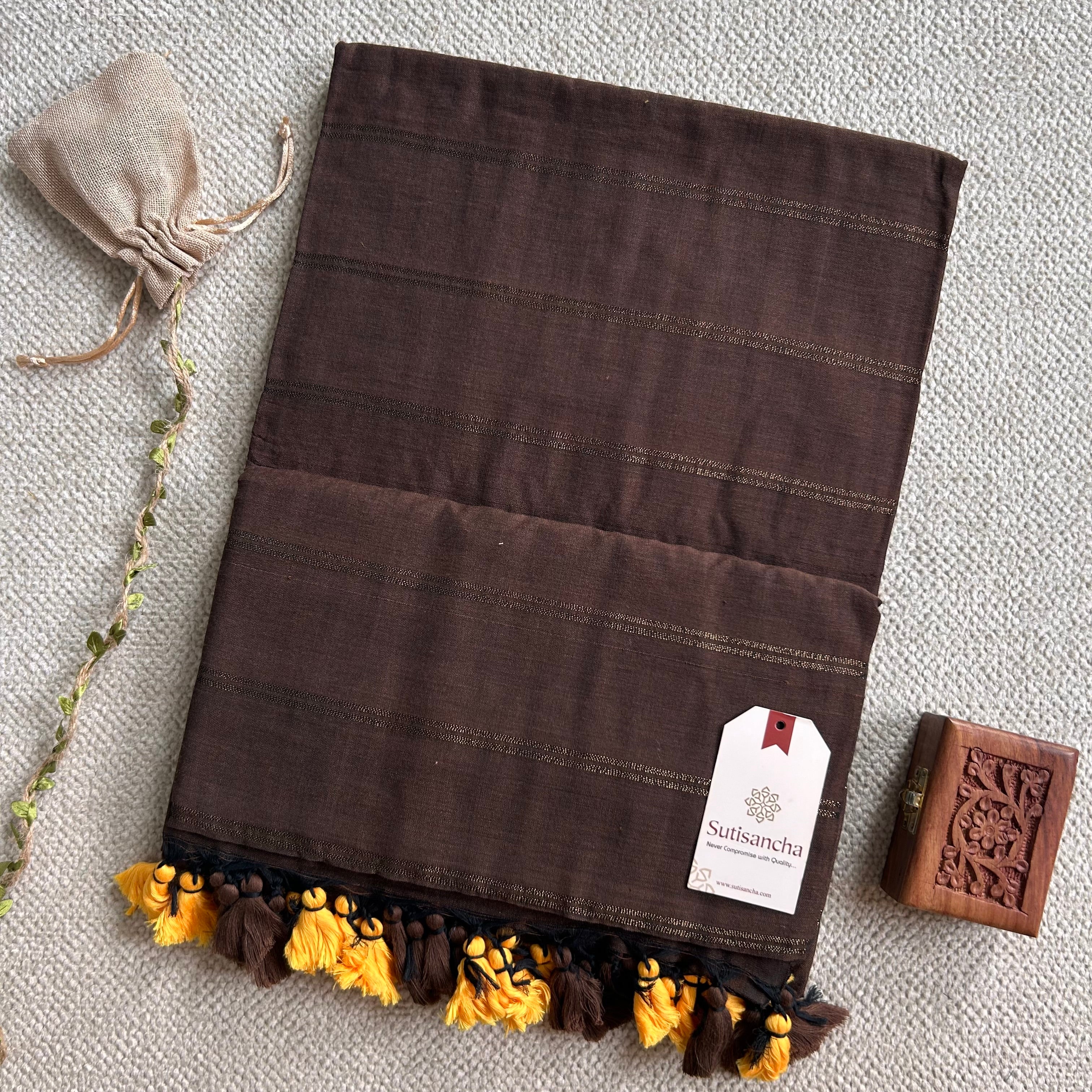 Sutisancha Brown Dual Zari Stripe Saree