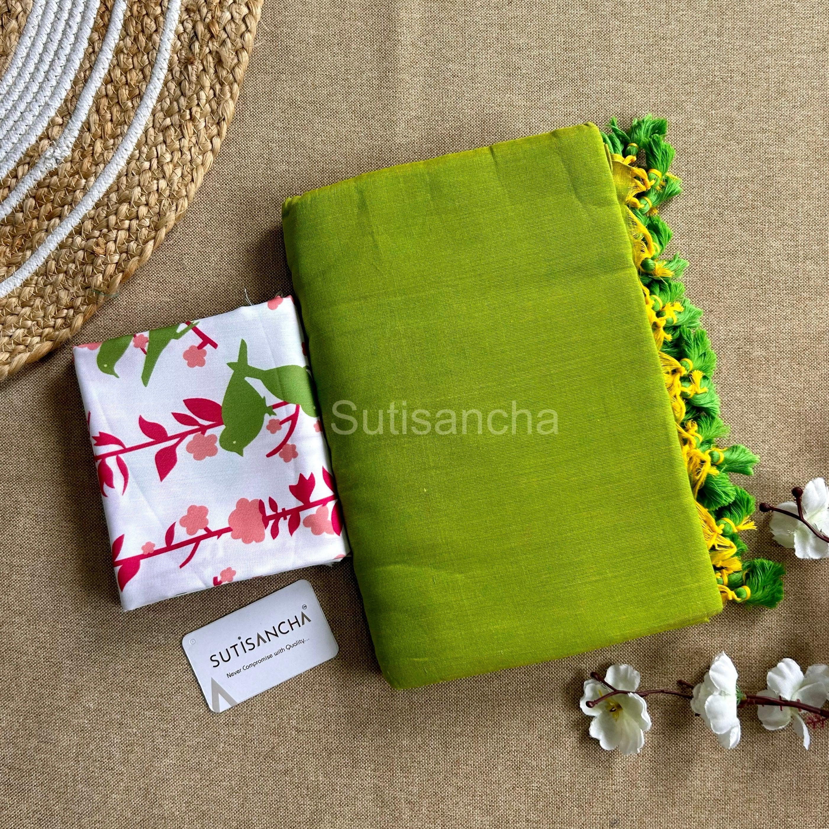 Sutisancha Parrot Khadi Saree with Parrot Design Blouse - Suti Sancha
