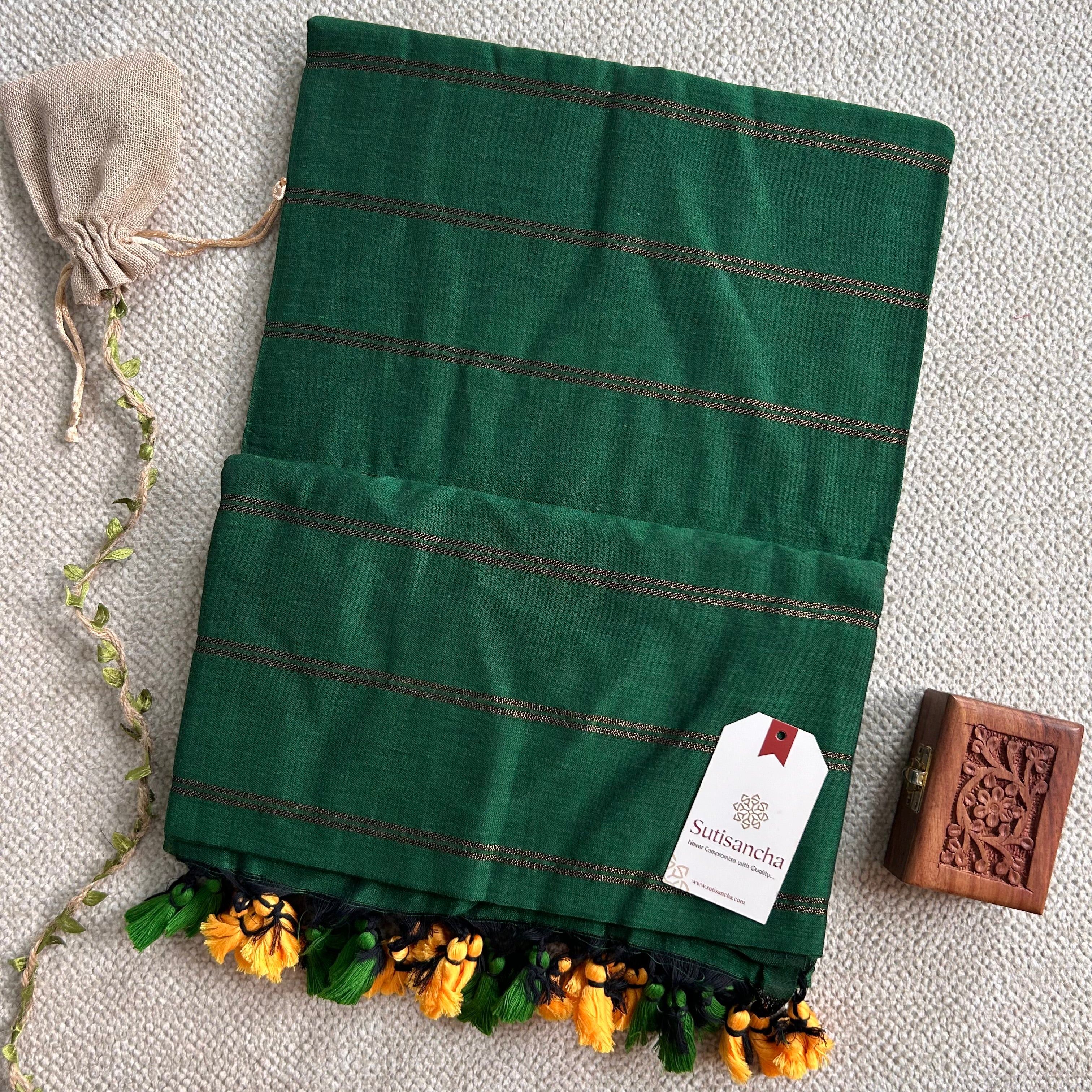 Sutisancha Green Dual Zari Stripe Saree