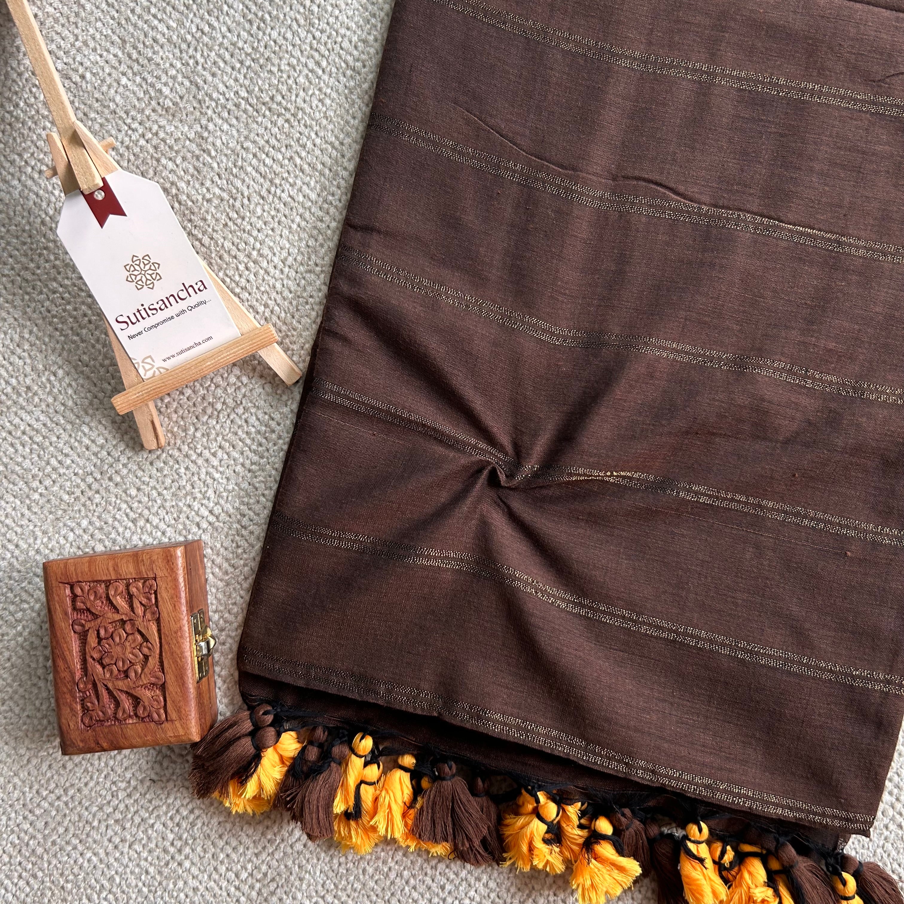 Sutisancha Brown Dual Zari Stripe Saree